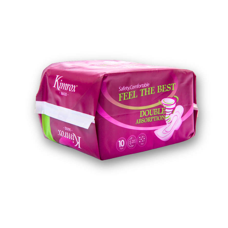 Kimrox Maxi sanitary pad pack with double absorption badge and pink wrapper