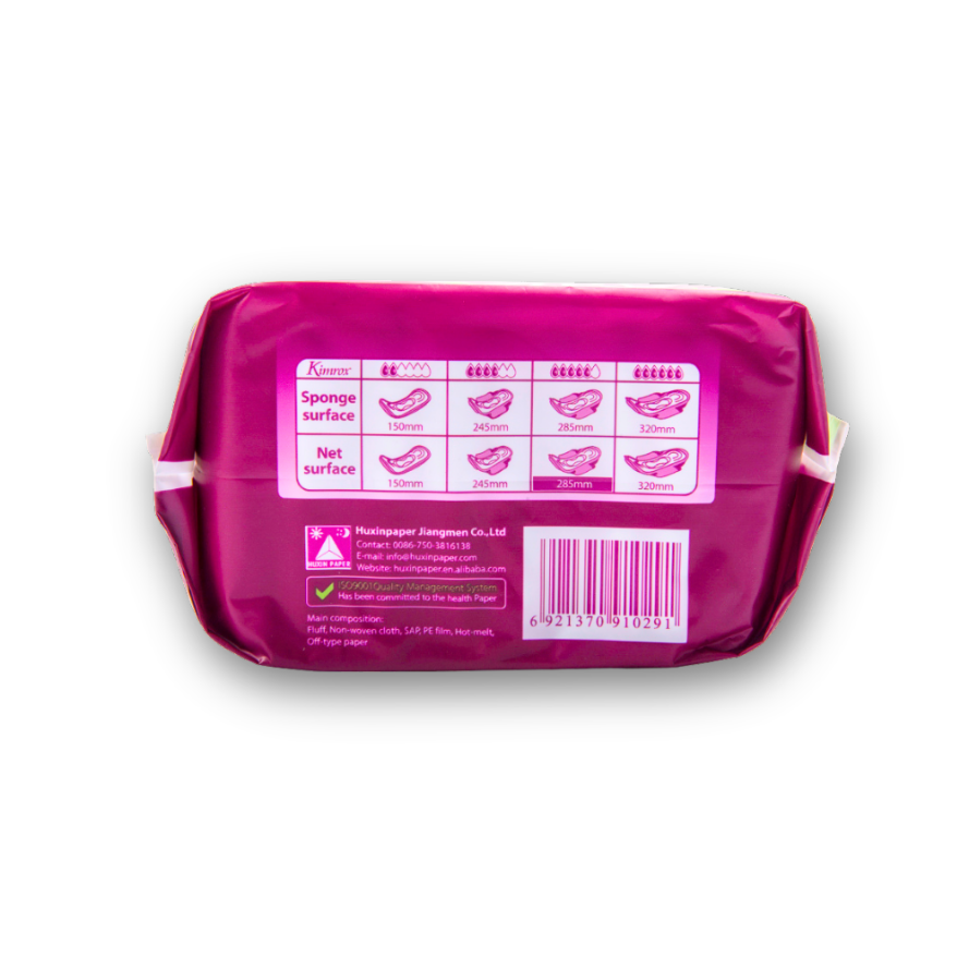 Kimrox Maxi sanitary pad pack back panel with usage and size icons