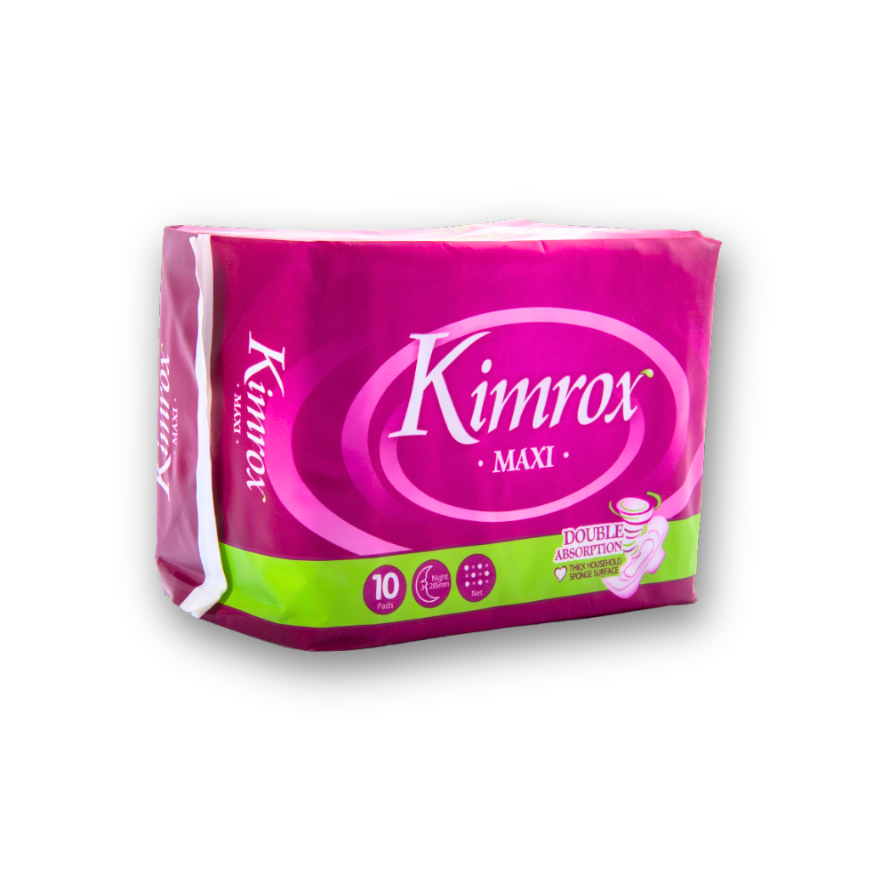 Kimrox Maxi sanitary pad pack with purple wrapper and 10-count label
