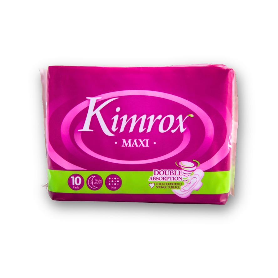 Sanitary pads pack, pink front with Kimrox MAXI logo and absorbency icons