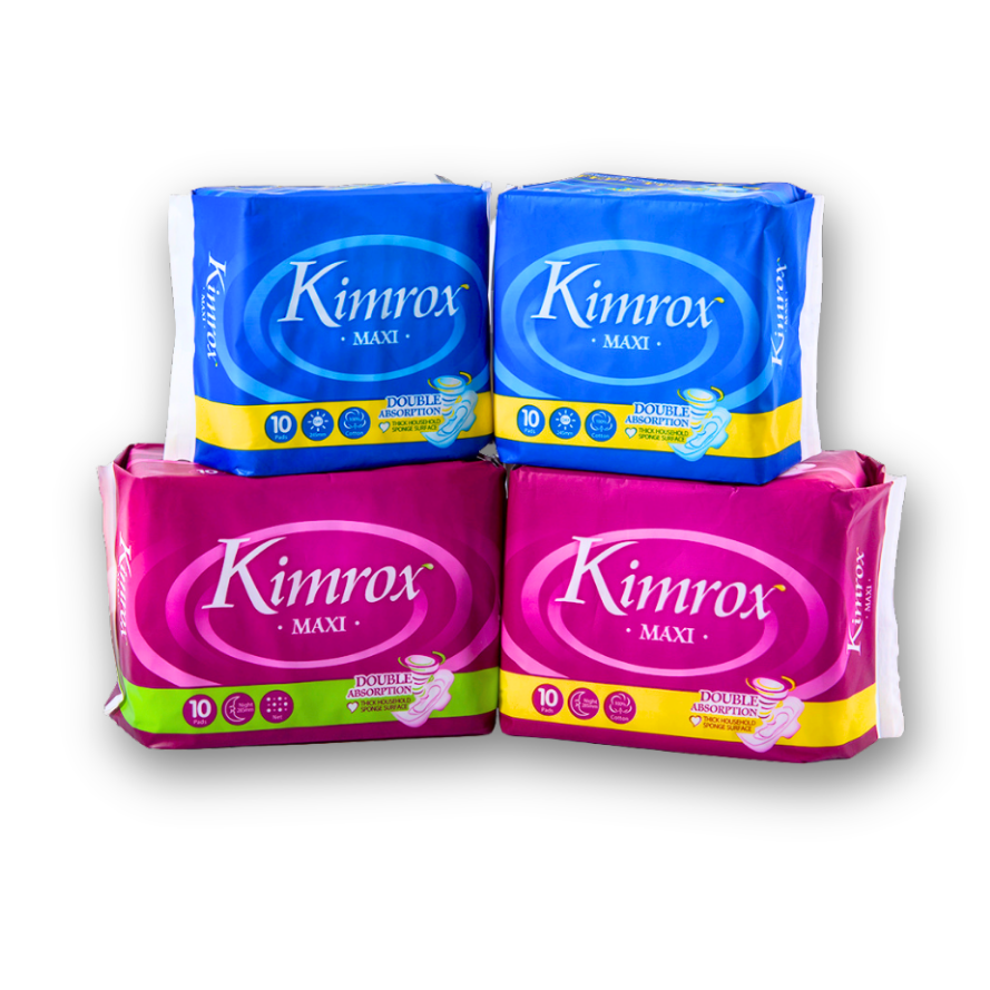 Kimrox Maxi sanitary pad multipack with two blue and two pink packages