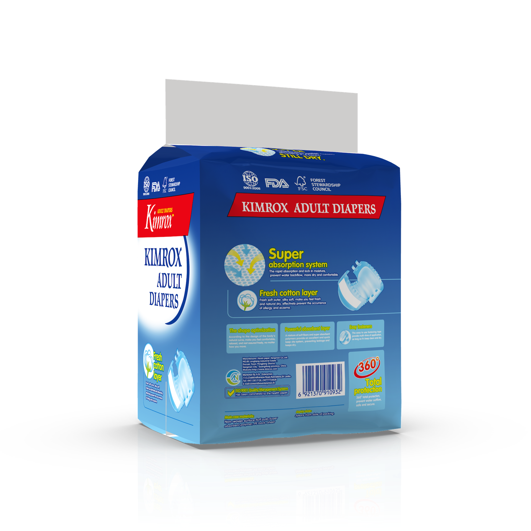 Adult diapers package, Kimrox blue box back panel with product info and 360 total protection