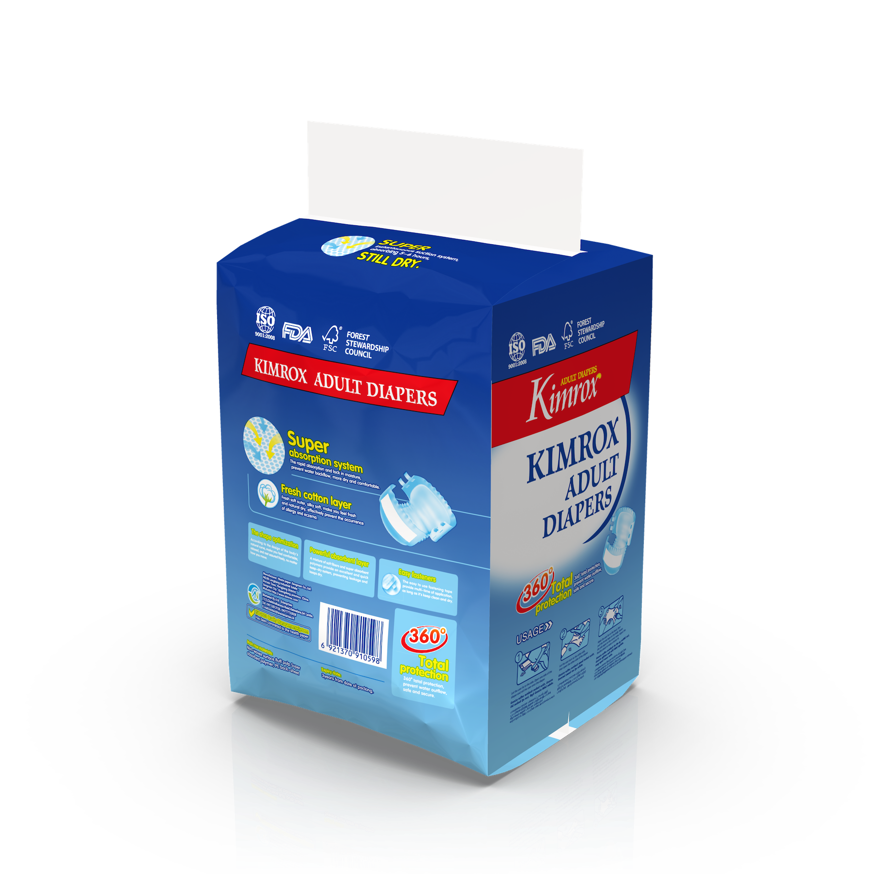 Kimrox adult diapers pack, blue box with red logo and white top label