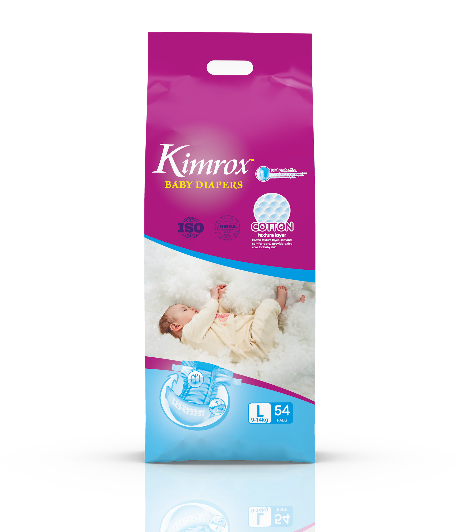 Baby diaper pack in magenta and blue with cotton badge and size L 54 on front.