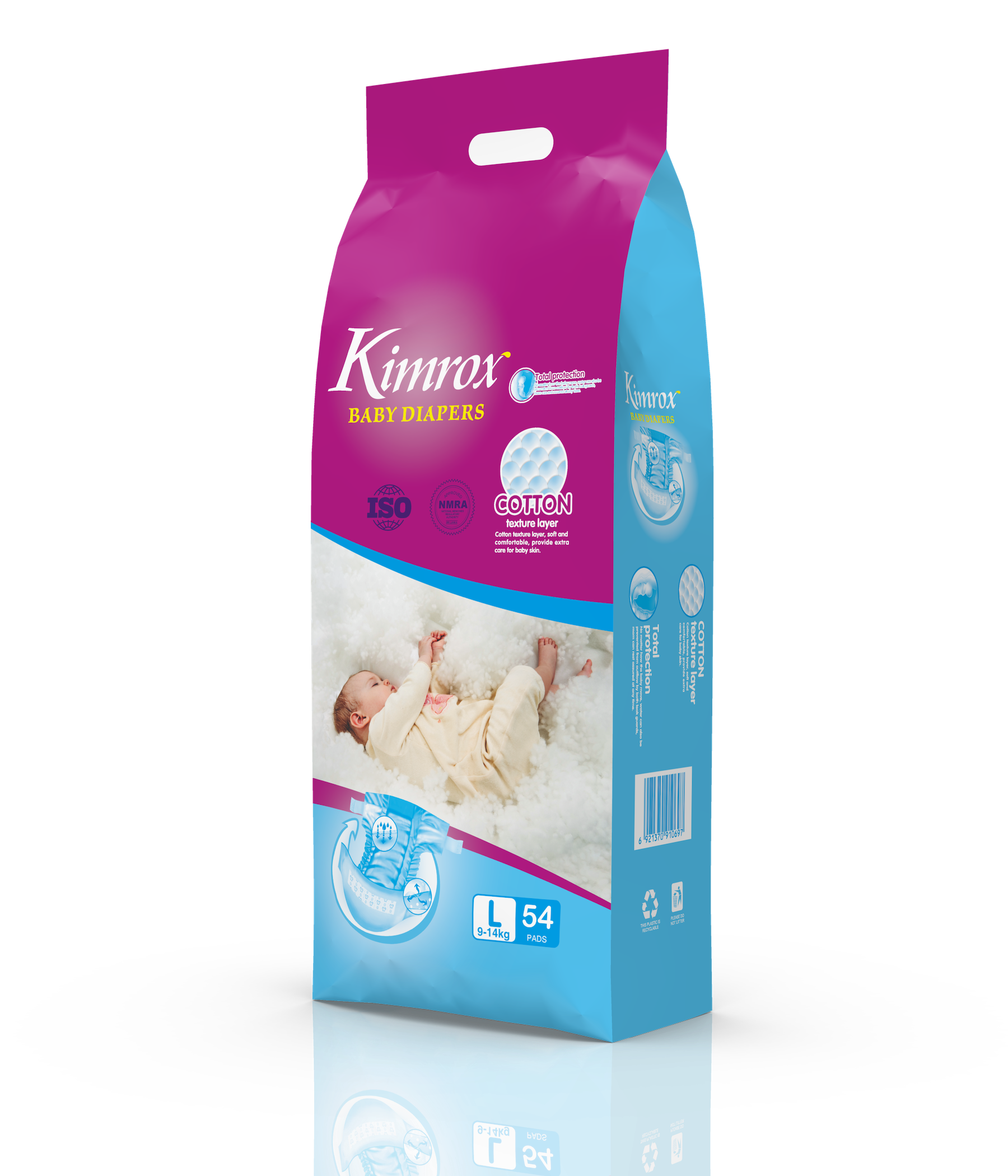 Baby diaper pack, magenta front with blue side panel, size L 54 at bottom.