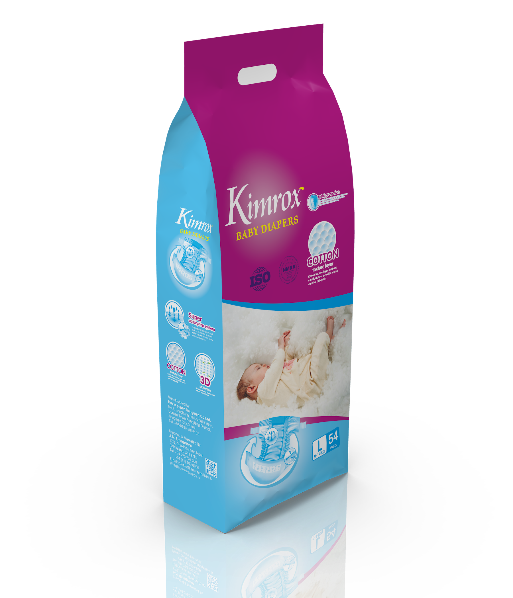 Kimrox baby diaper bulk pack, purple and blue bag with side panel and handle