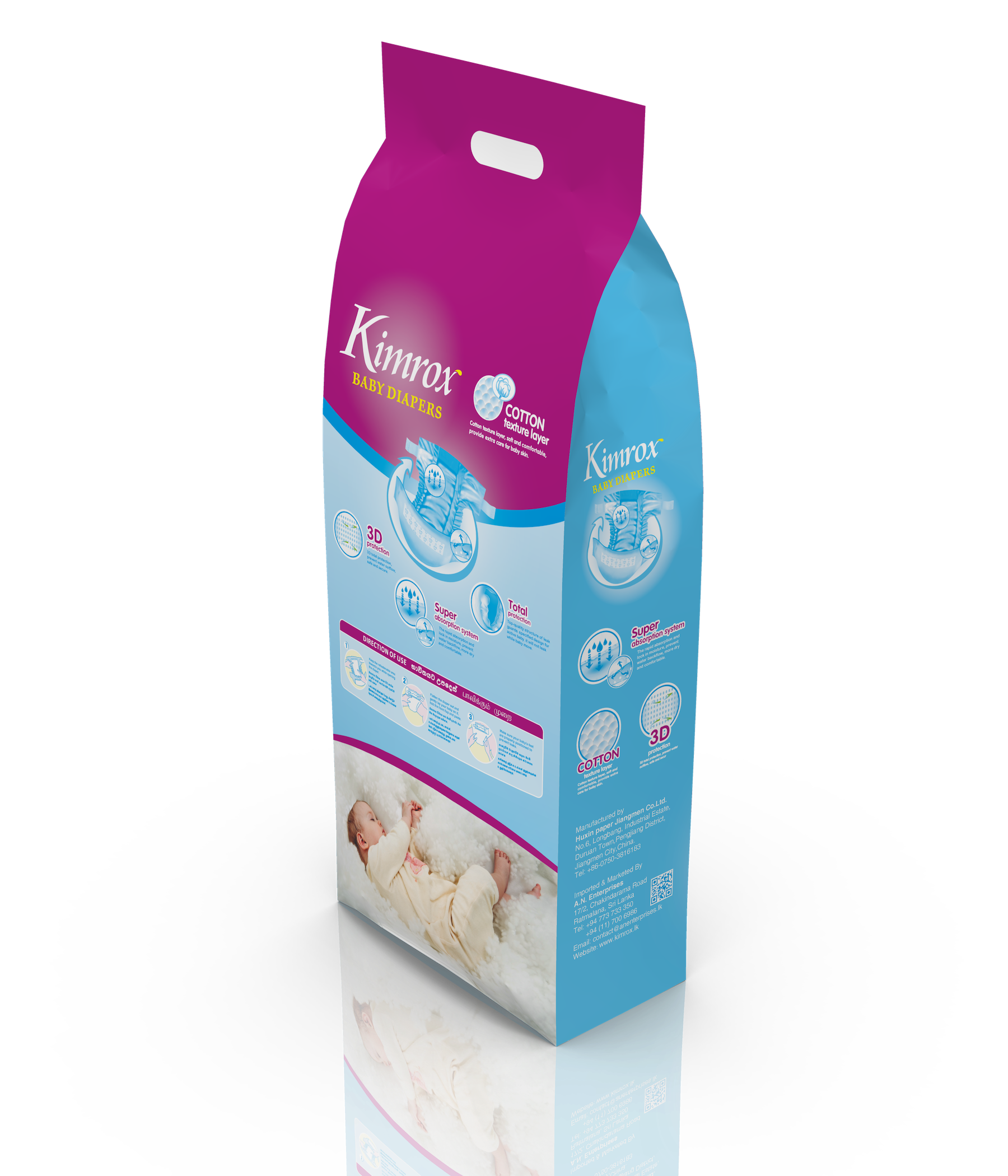 Kimrox baby diaper bulk pack, purple and blue bag shown from the side