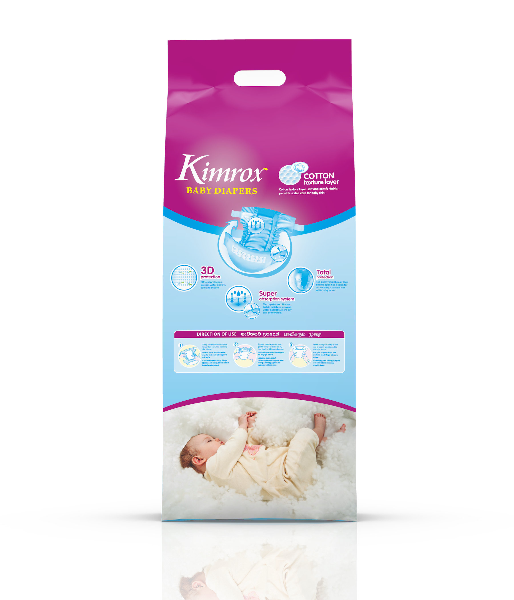 Kimrox baby diaper bulk pack, purple and blue bag facing forward with printed details