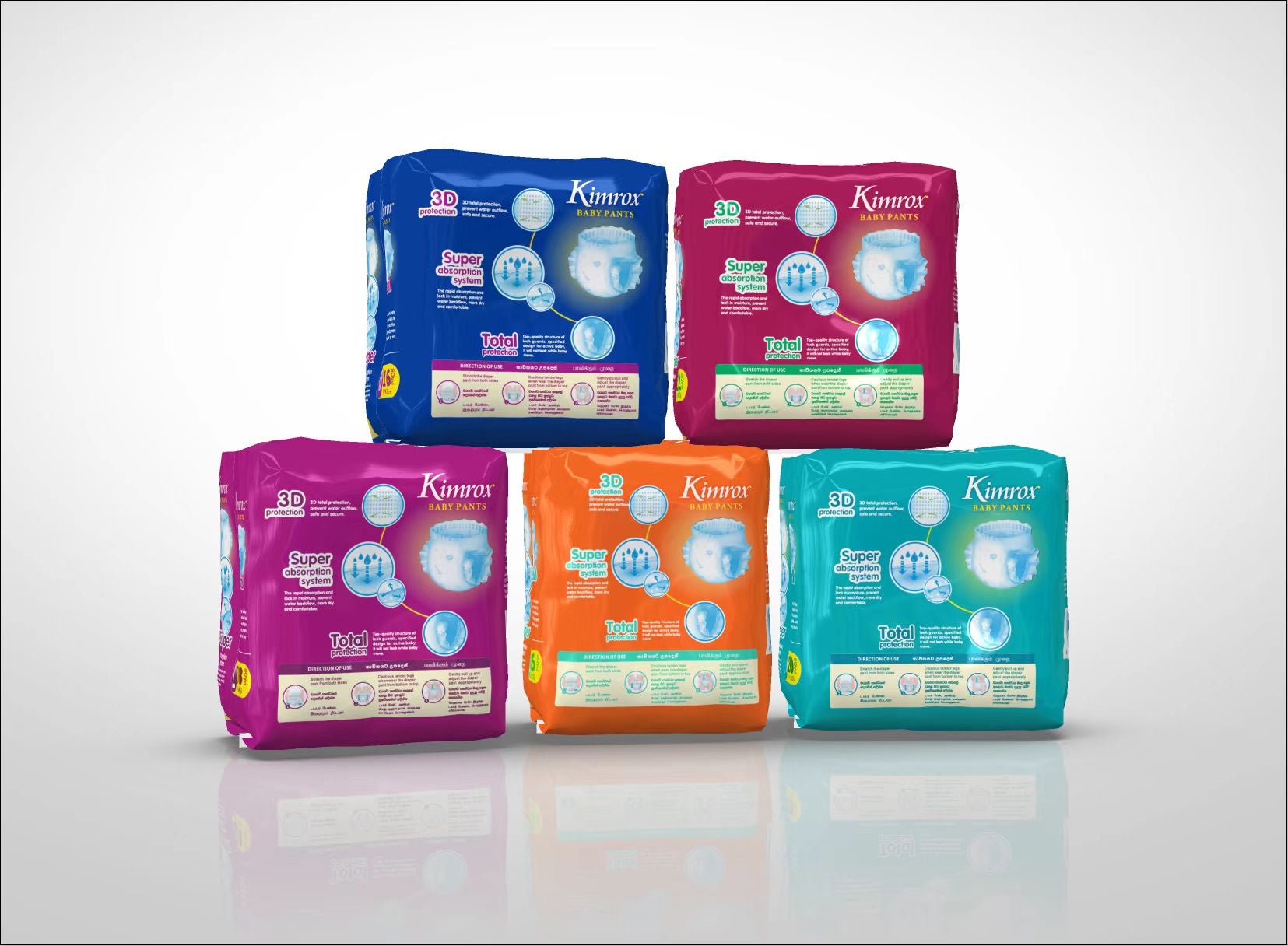Baby pants multi-pack with blue, purple, and orange diaper packs, three in front.