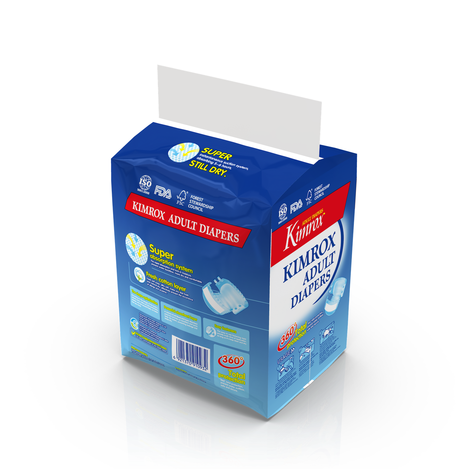 Adult diapers package, Kimrox blue box back view with Super absorbent and 360 total protection