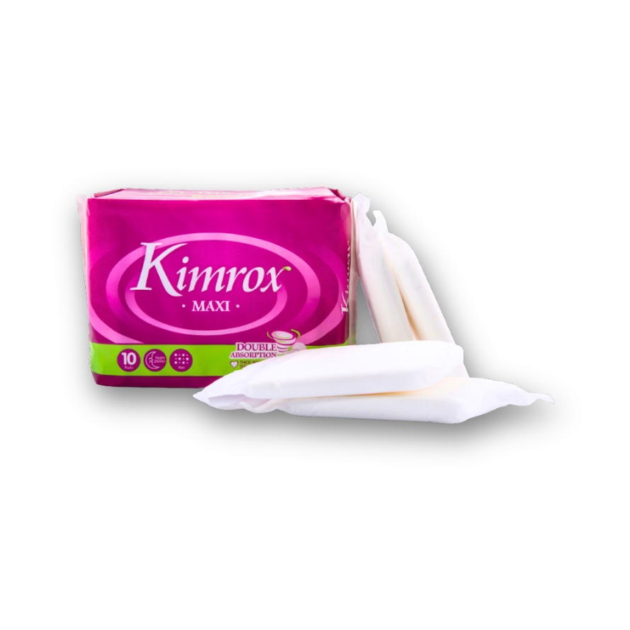 Kimrox Maxi sanitary pad pack with one pad partially unfolded, showing top panel