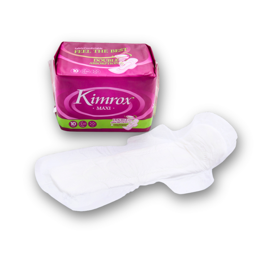 White sanitary pad beside Kimrox Maxi pack, showing pad and packaged unit