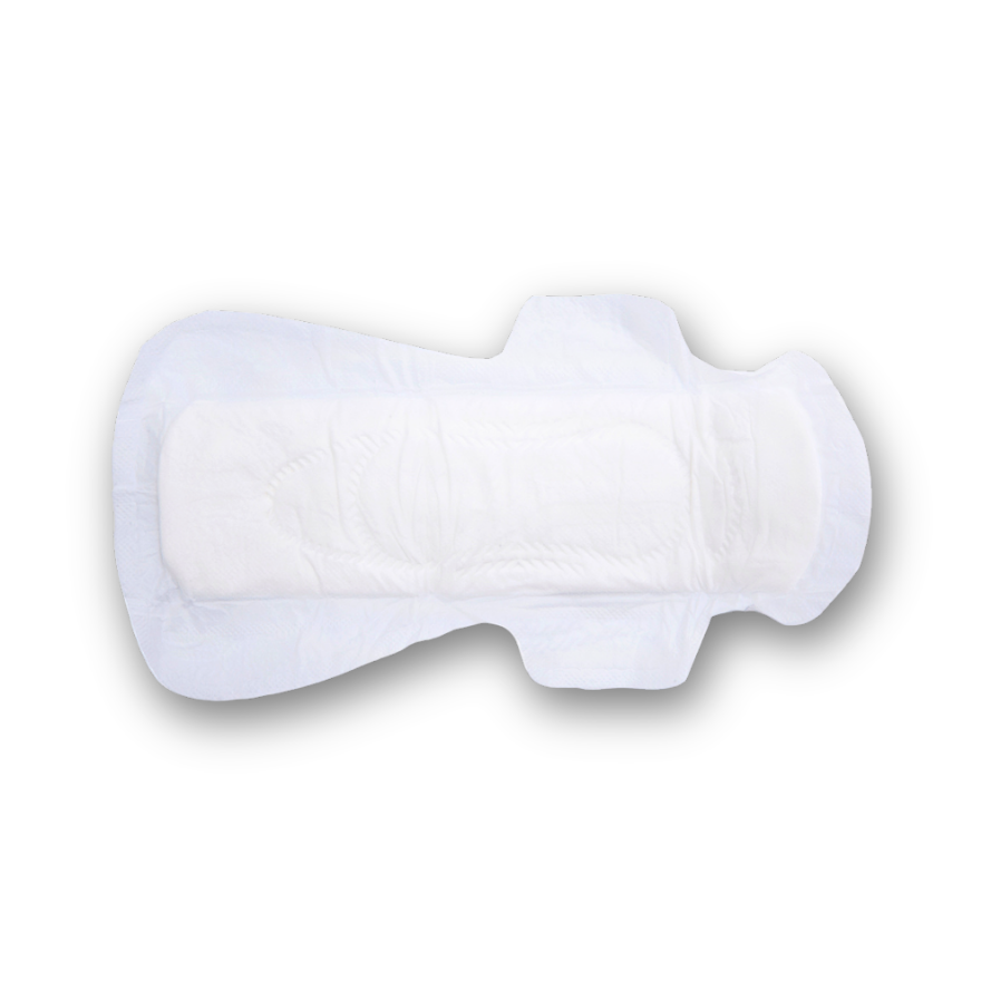 White sanitary pad with curved shape and absorbent core, single pad
