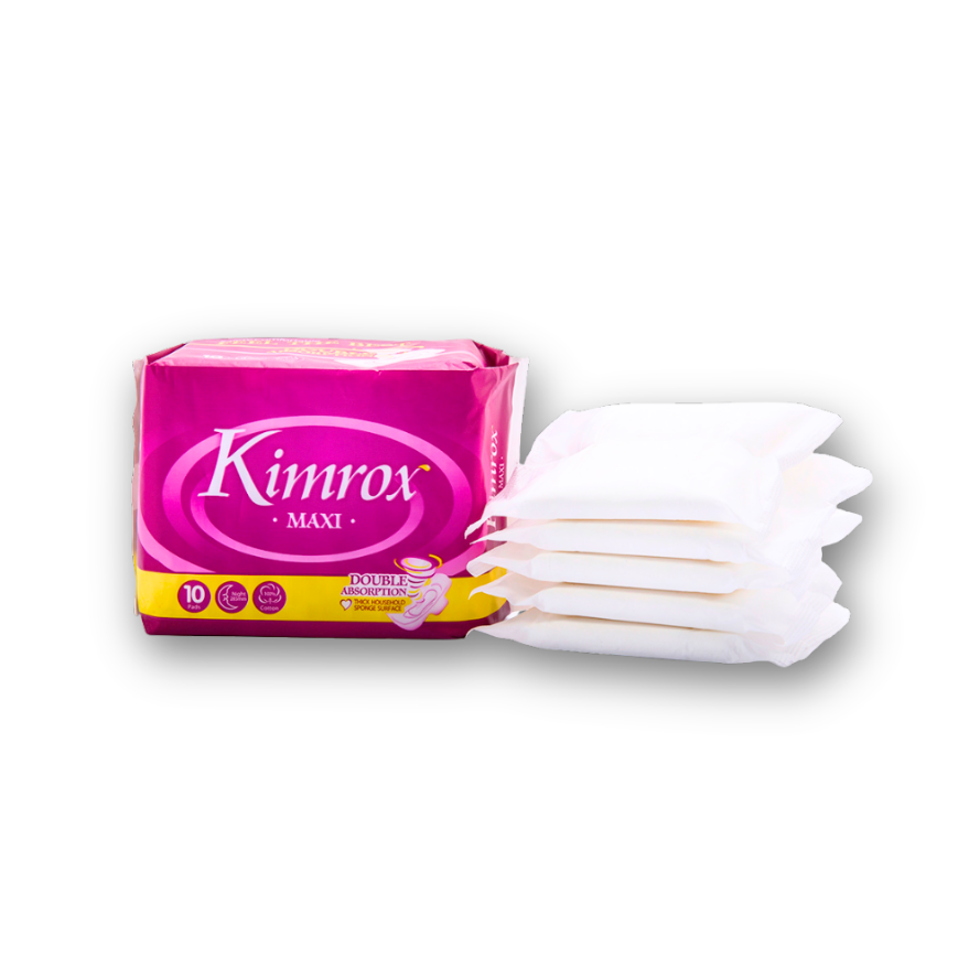 Kimrox MAXI sanitary pads pack with folded white pads, pink wrapper