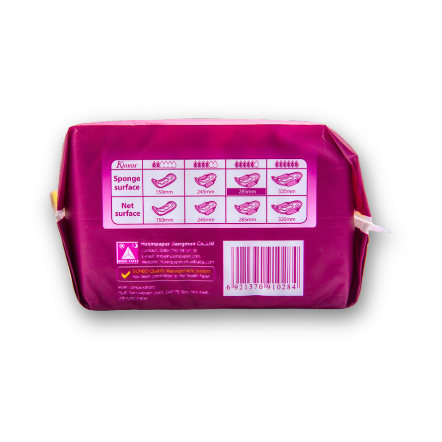 Sanitary pads pack, pink back label with barcode and size icons