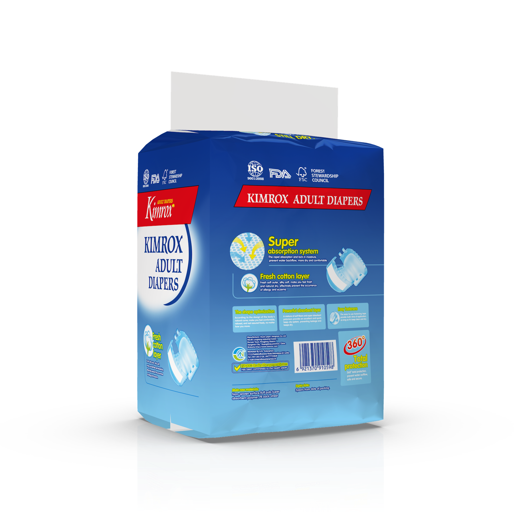 Kimrox adult diapers pack, blue packaging with side panel and 360 icon