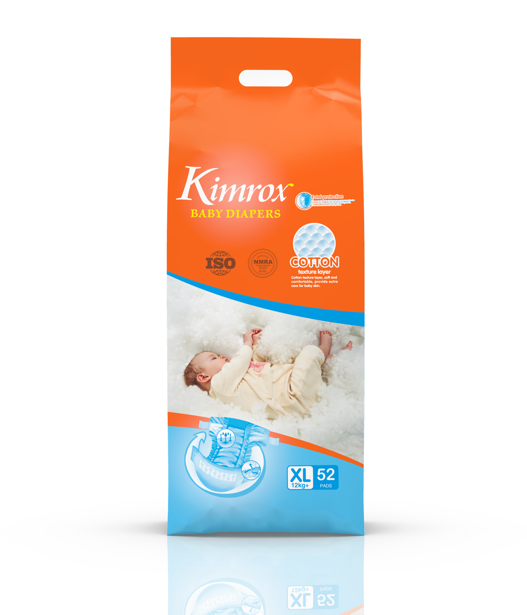 Kimrox baby diaper bulk pack, orange and blue bag with front label and XL size