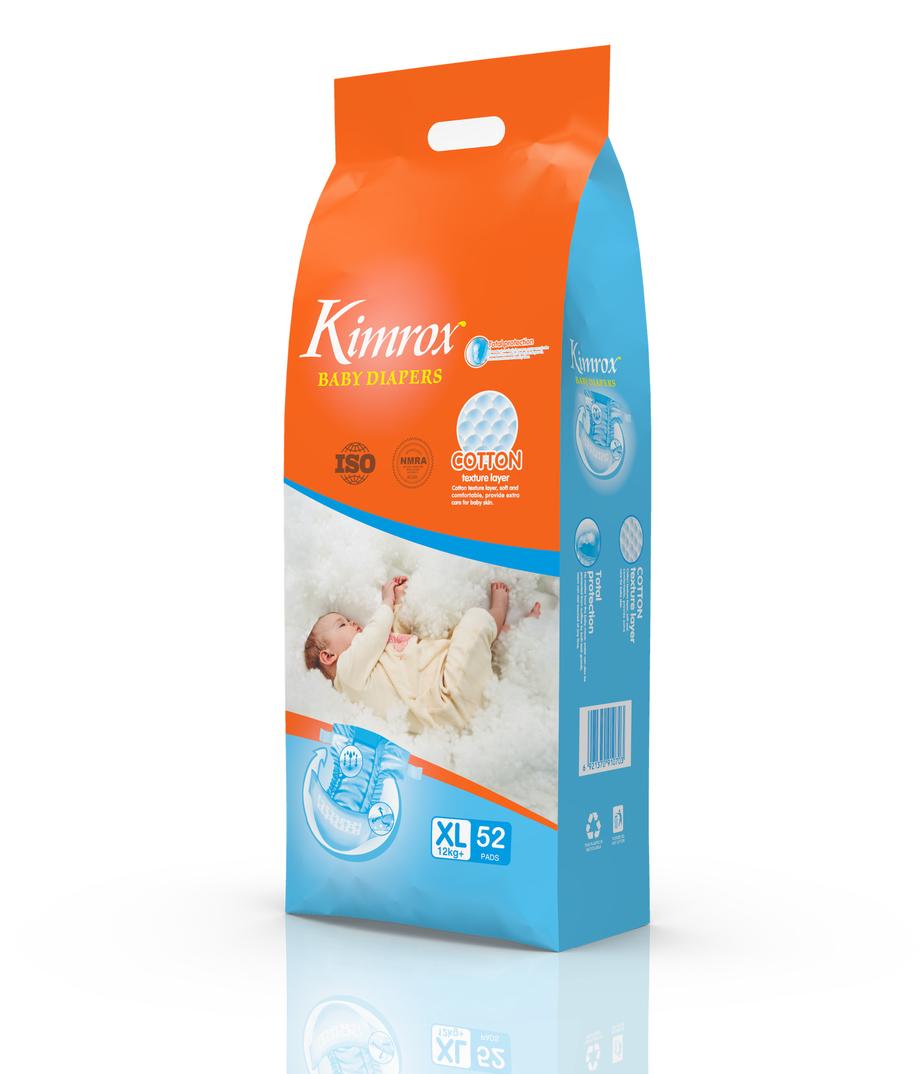 Kimrox baby diaper bulk pack, orange and blue bag shown from the side