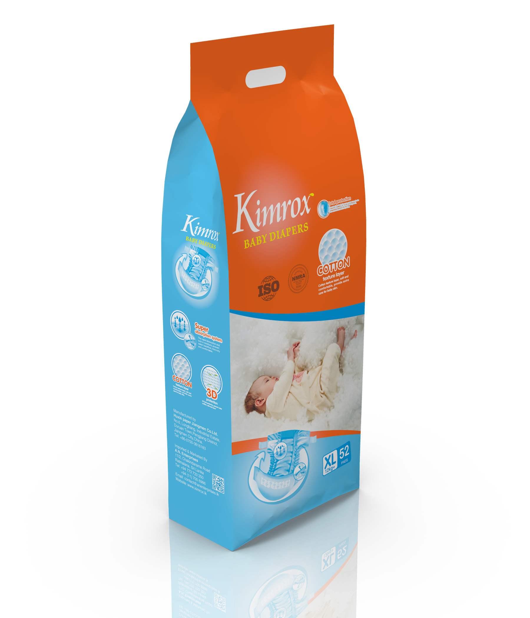 Kimrox baby diaper bulk pack, orange and blue bag with side panel and handle