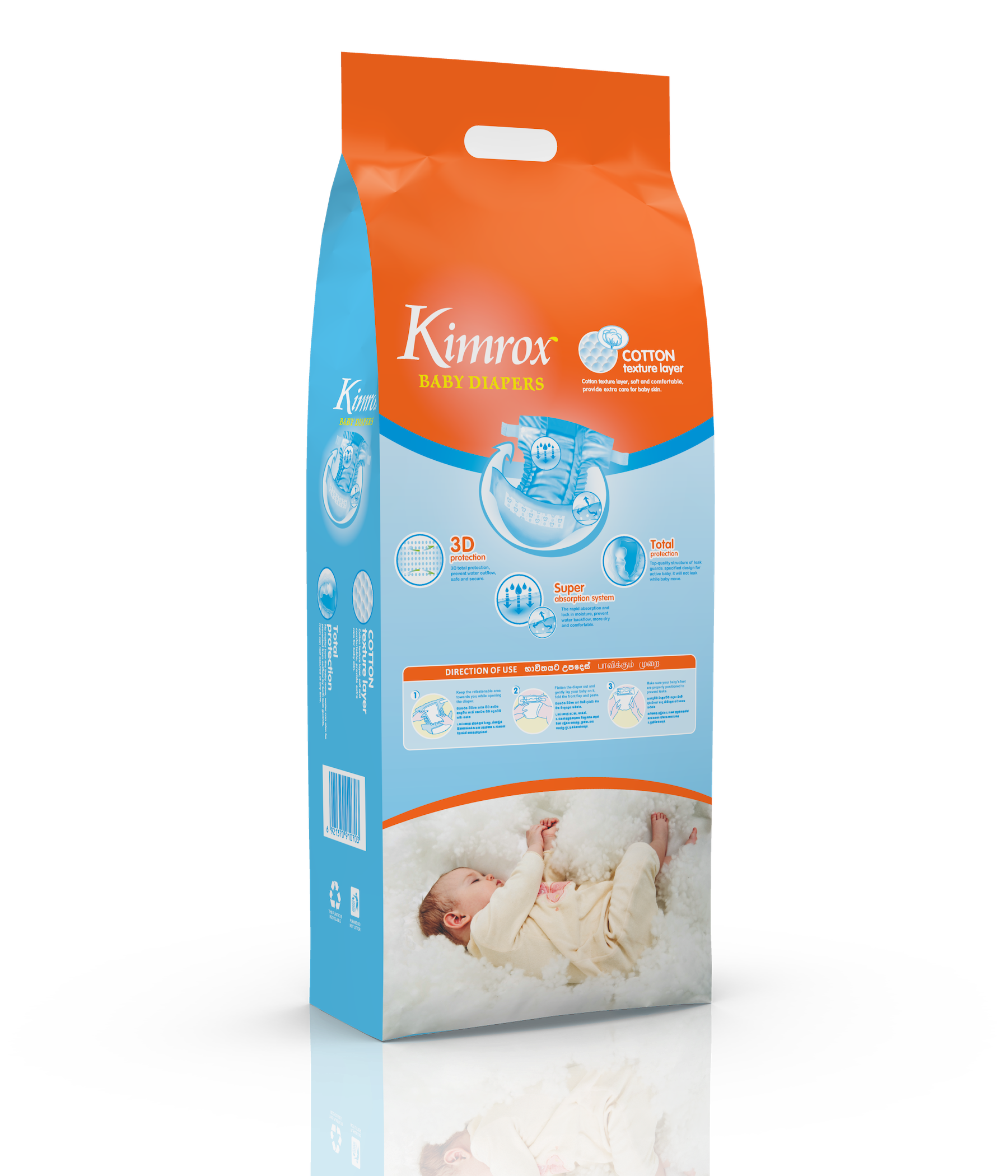Kimrox baby diaper bulk pack, orange and blue bag with front label and feature icons