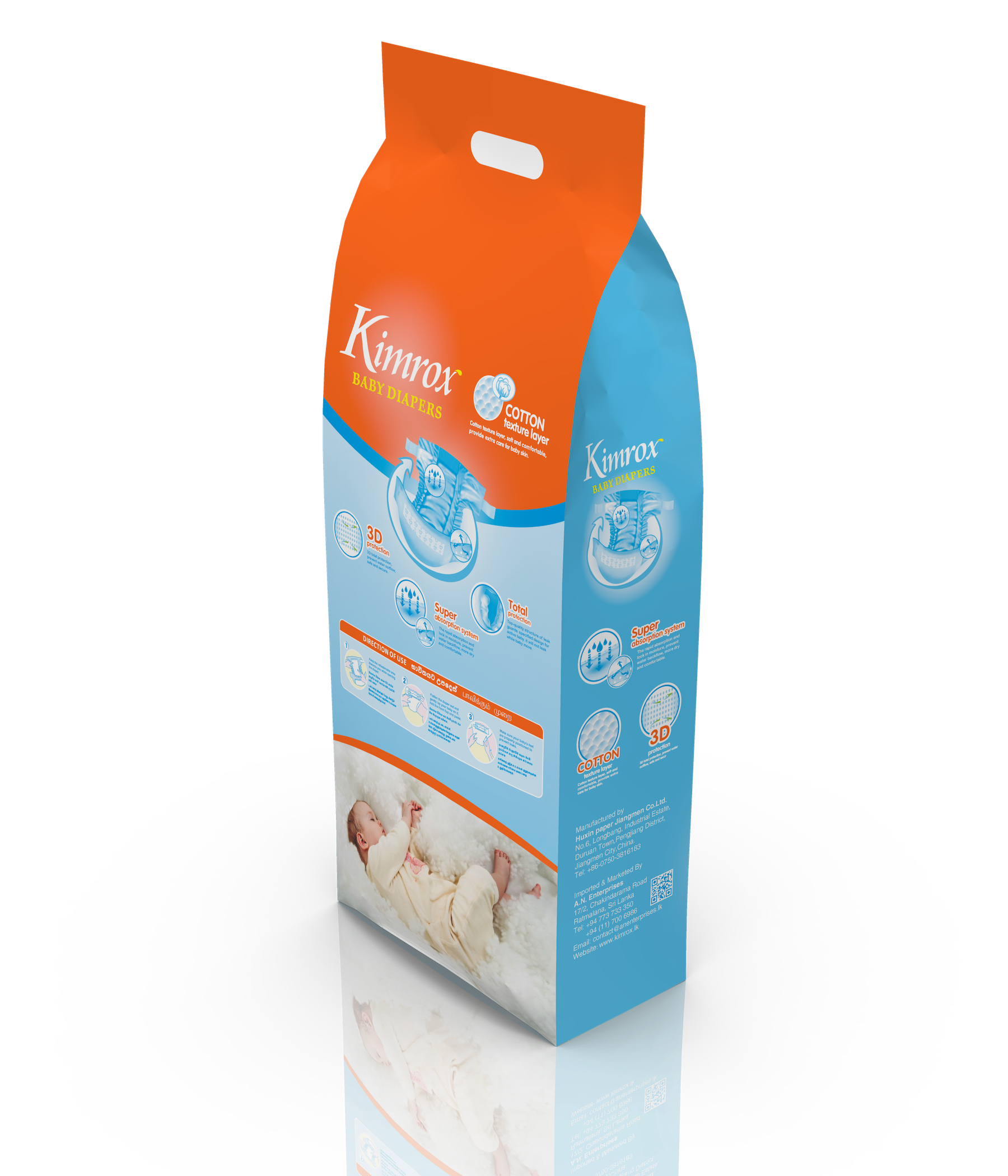 Kimrox baby diaper bulk pack, orange and blue bag viewed from the side