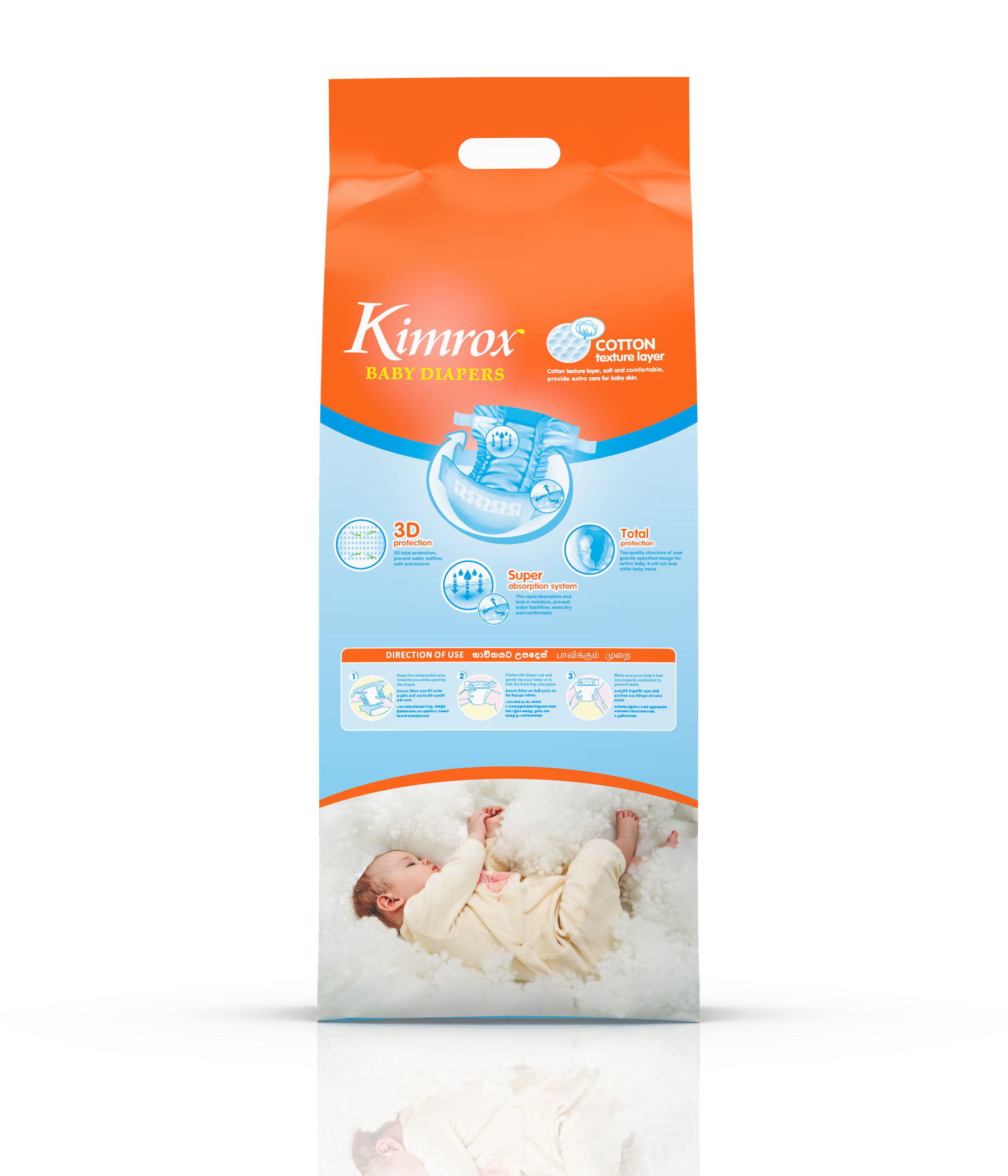 Kimrox baby diaper bulk pack, orange and blue bag facing forward with printed details