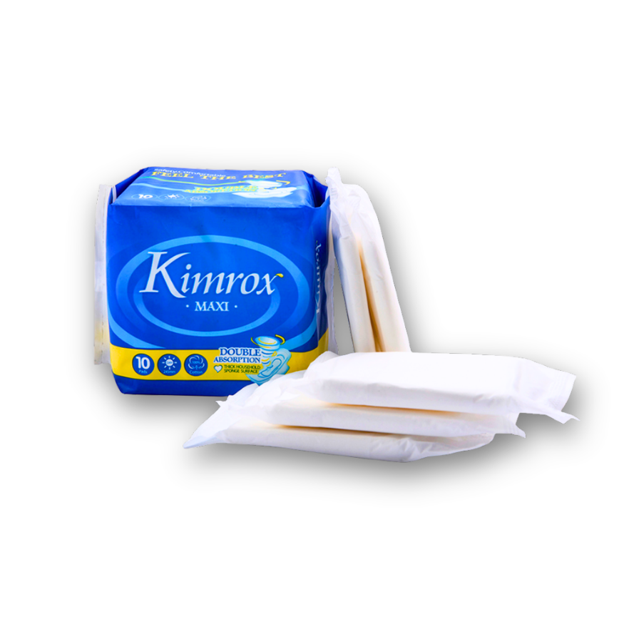 Kimrox MAXI sanitary pads pack with folded white pads, 10 count
