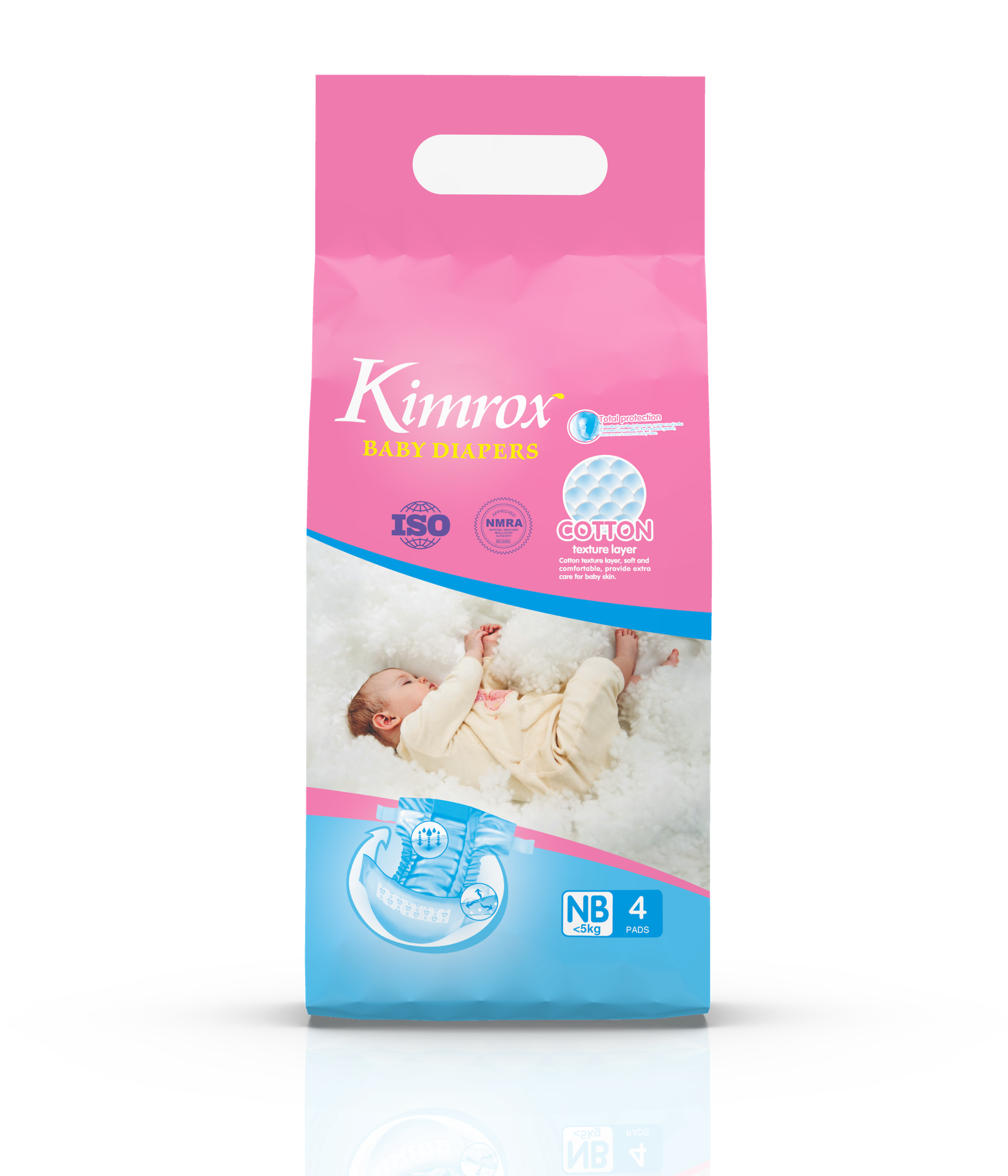 Kimrox baby diaper pack, pink-and-blue front with size NB and 4 pcs.