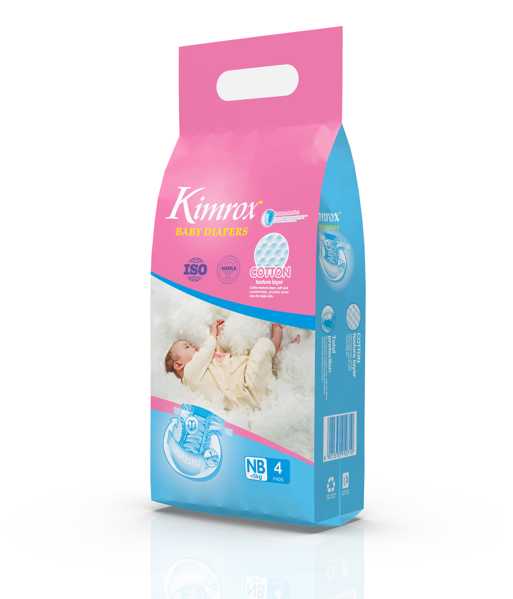Kimrox baby diaper pack, pink-and-blue side view with label and NB 4 pcs.