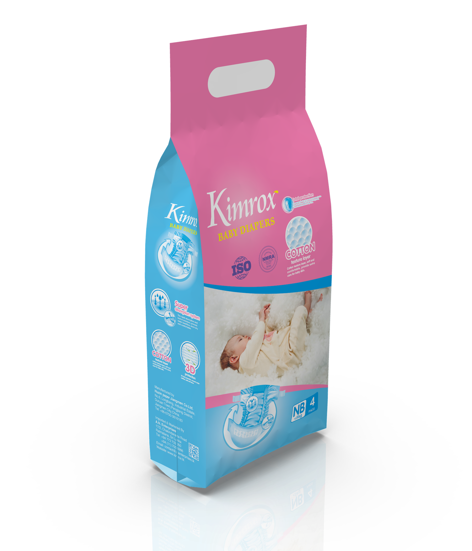 Kimrox baby diaper pack, angled view with blue back panel and NB 4 pcs.
