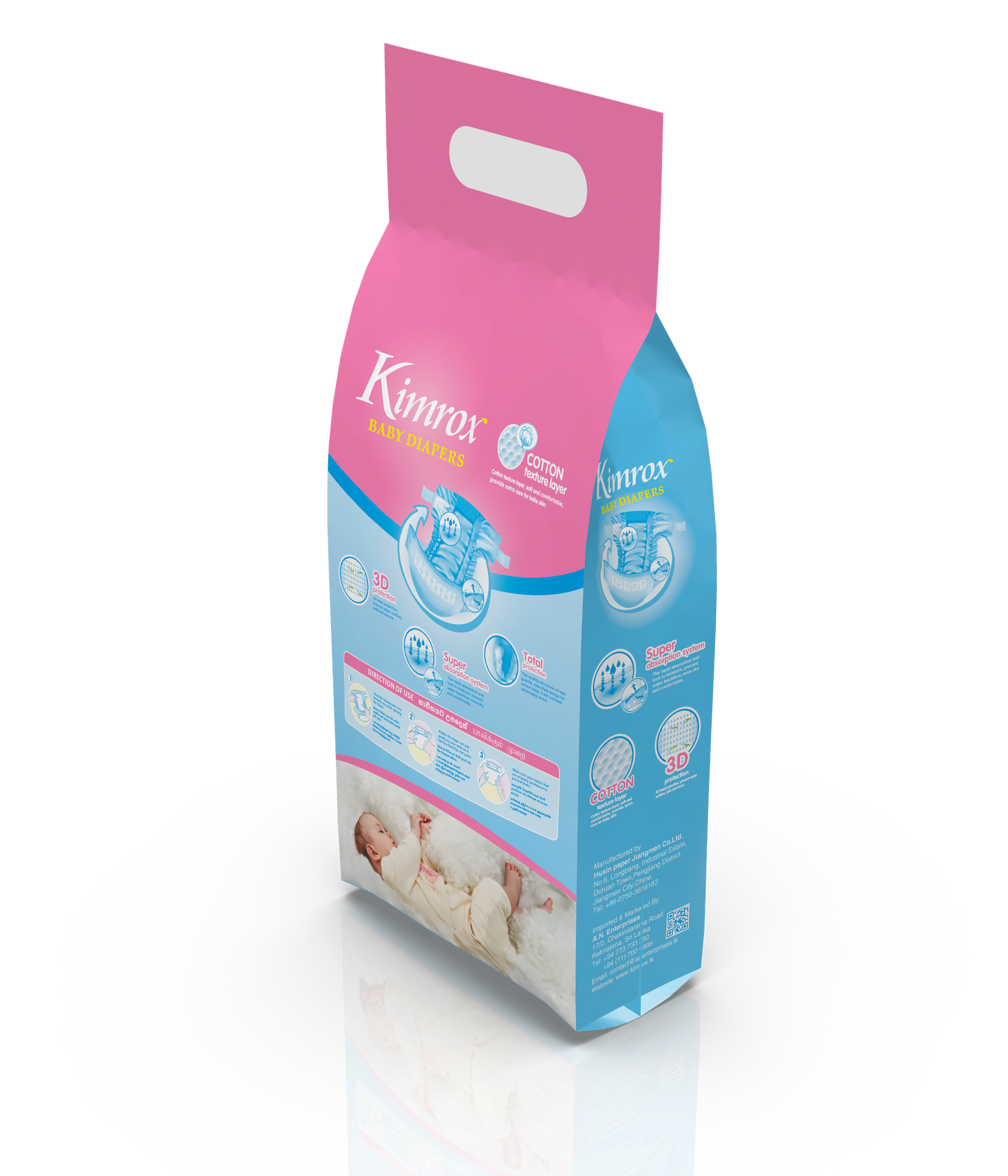 Kimrox baby diaper pack back panel, pink top and blue side with 3D icons.