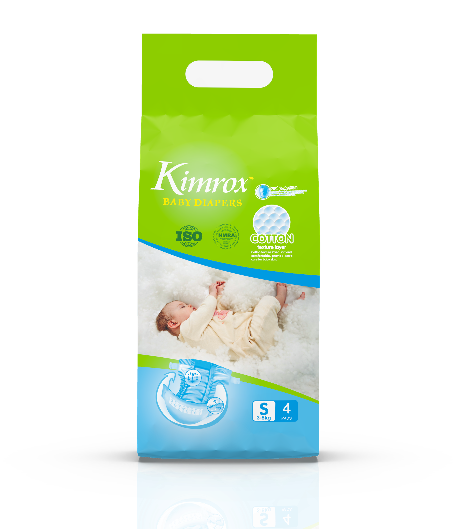 Kimrox baby diaper pack, green-and-blue front with size NB and 4 pcs.