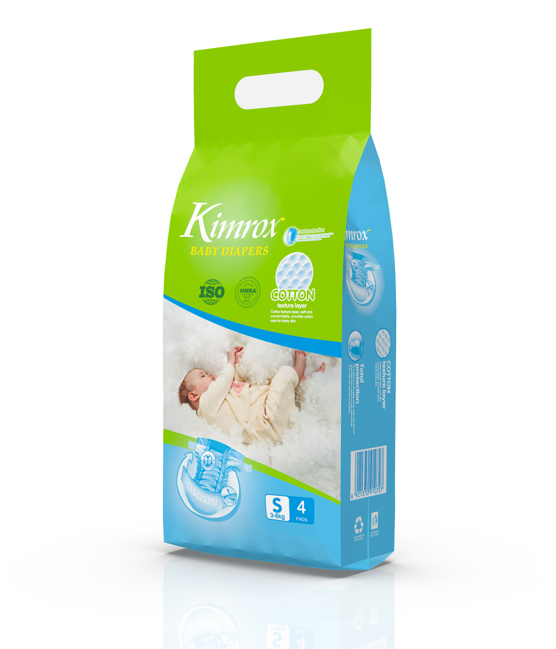 Kimrox baby diaper pack, green-and-blue side view with NB 4 pcs label.