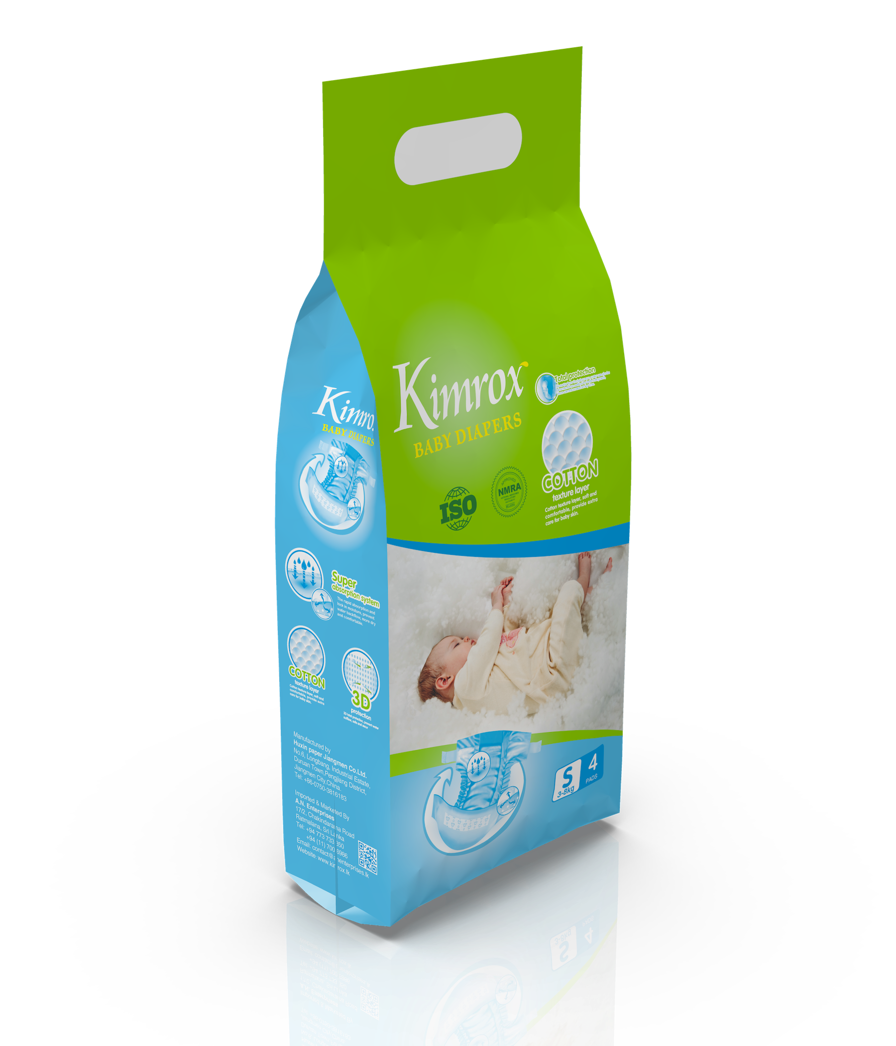 Kimrox baby diaper pack, angled view with green top and side label S 4 pcs.