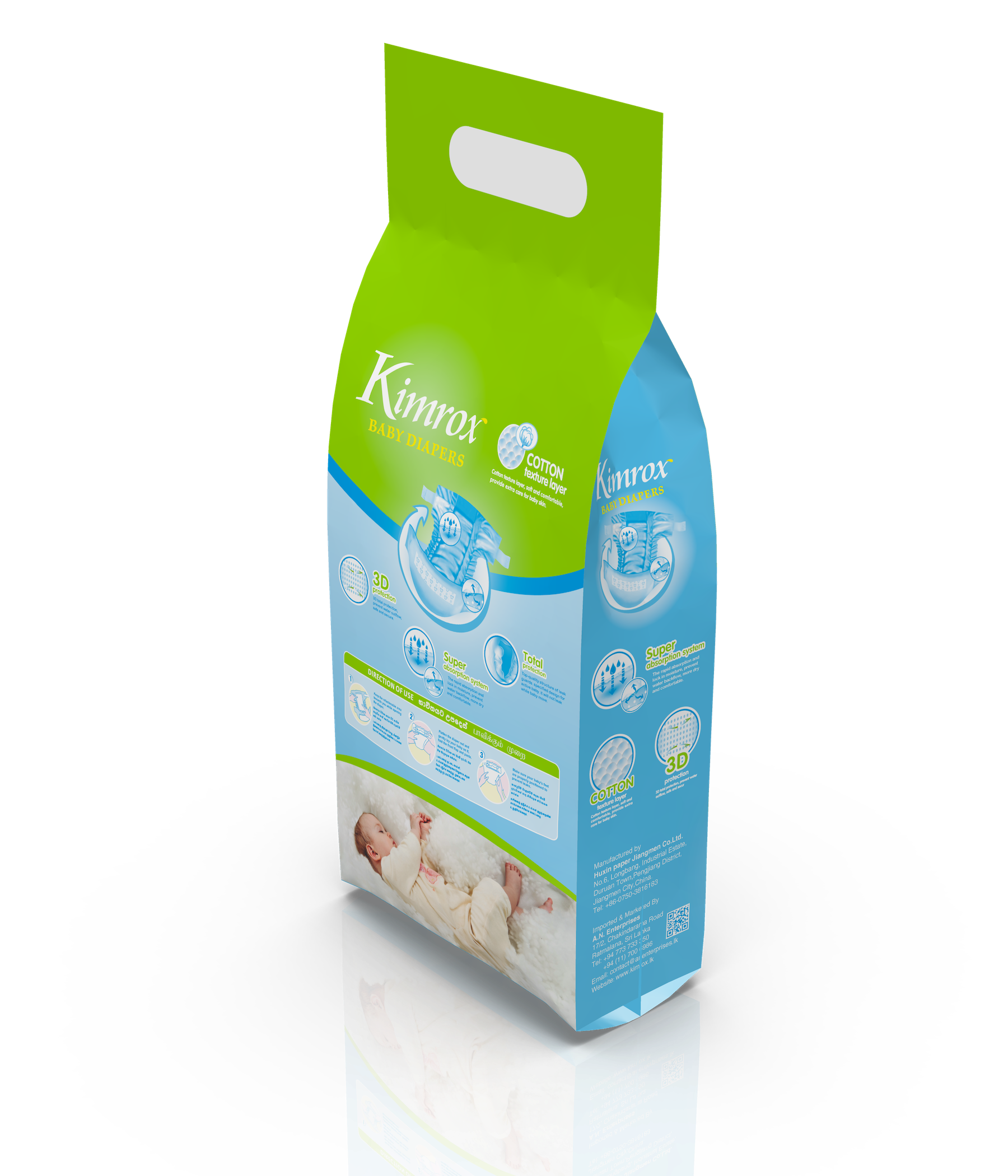 Kimrox baby diaper bulk pack, green and blue, front label view