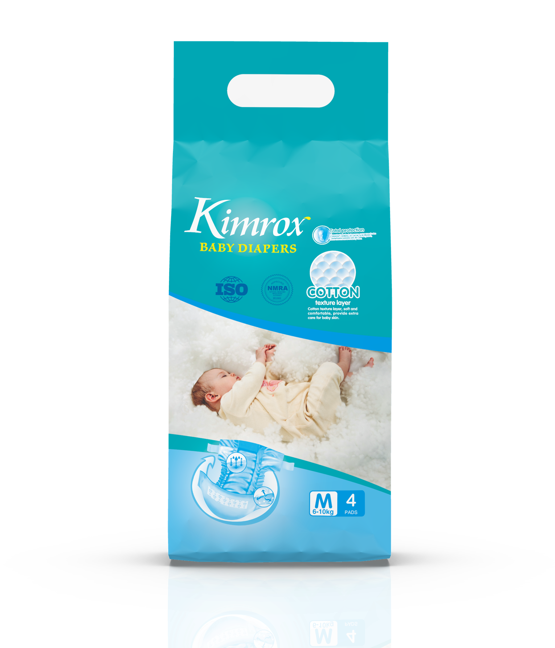 Kimrox baby diaper bulk pack, teal and blue, front panel with size M