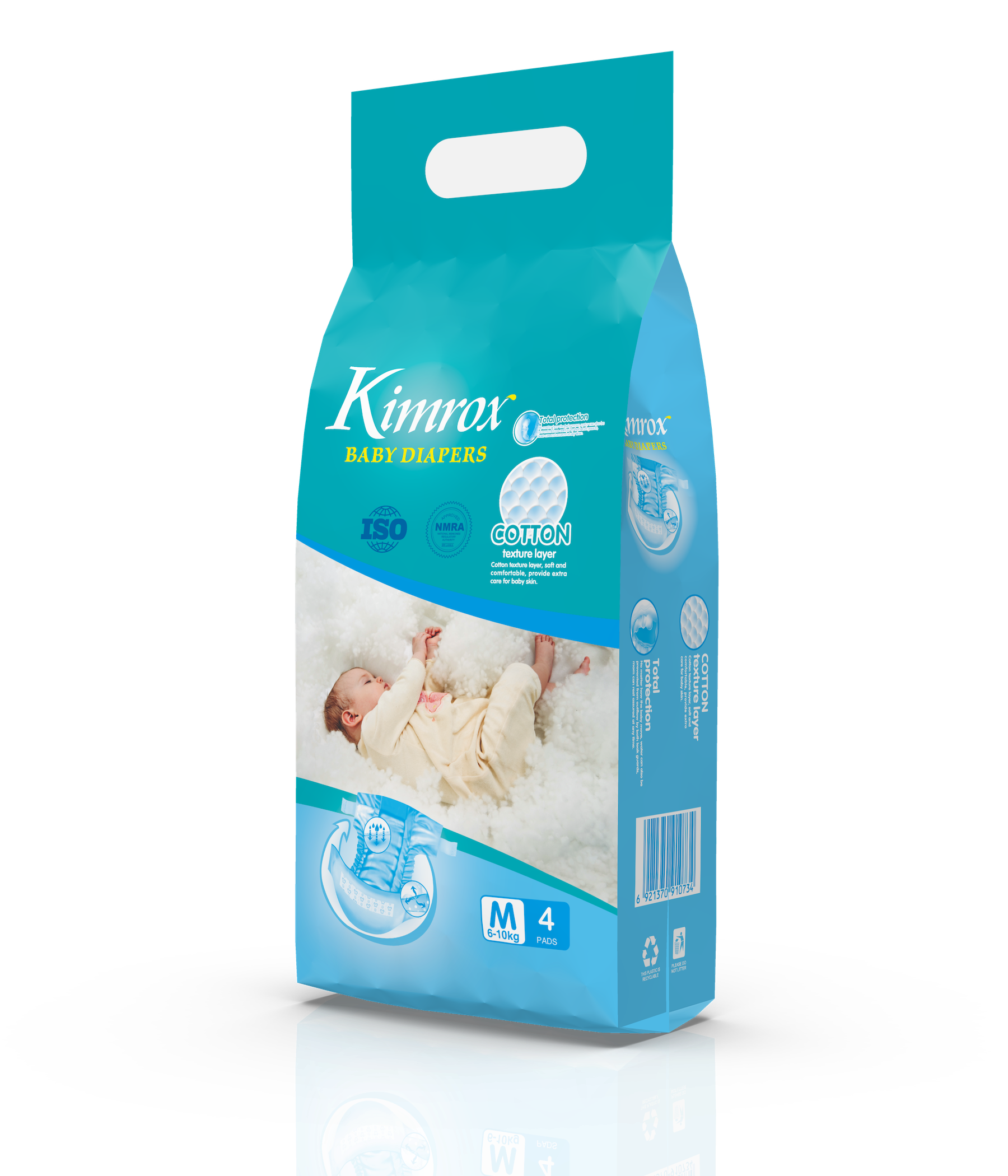 Kimrox baby diaper bulk pack, teal and blue, side panel view