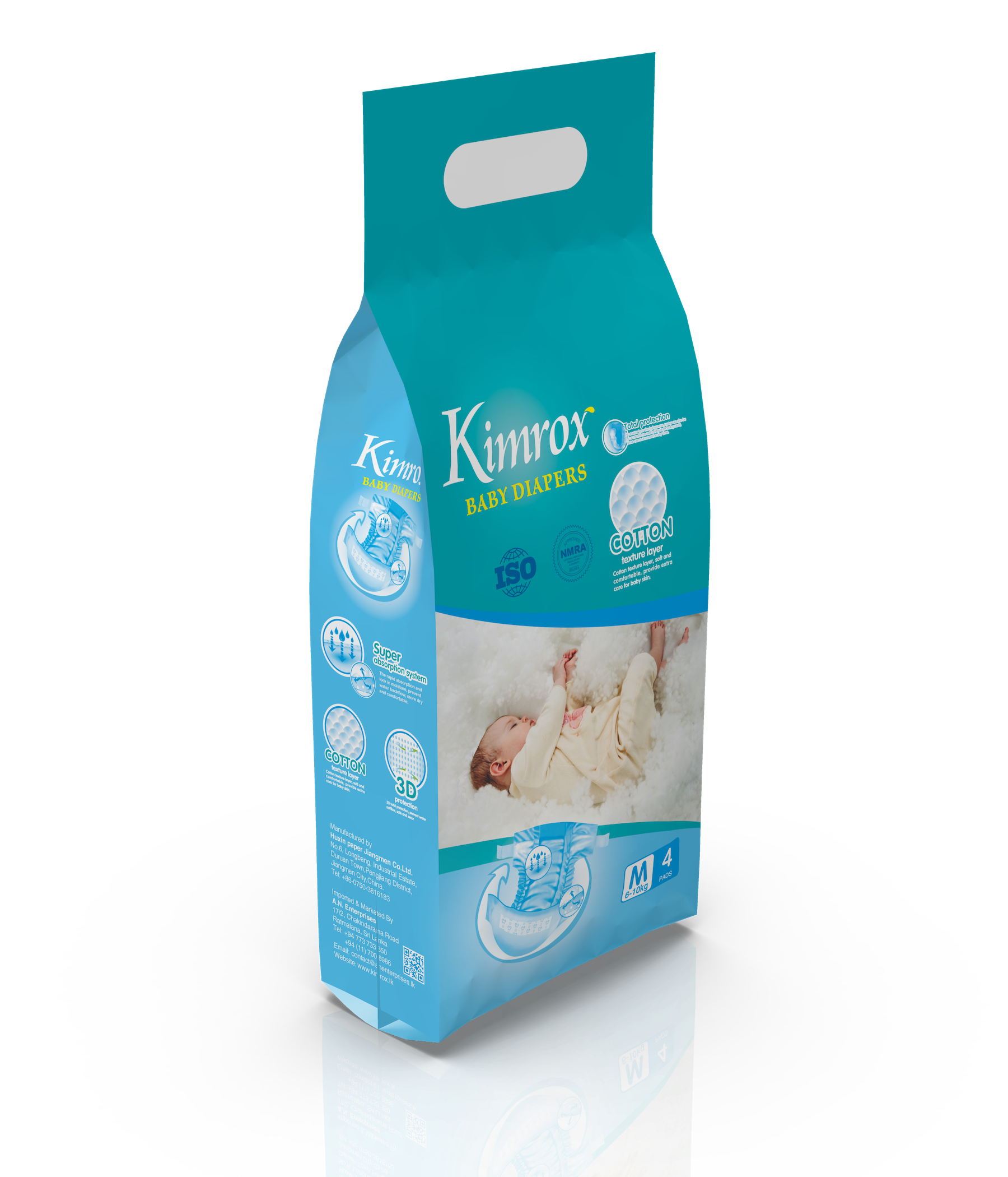 Kimrox baby diaper bulk pack, teal and blue, side angle with size M