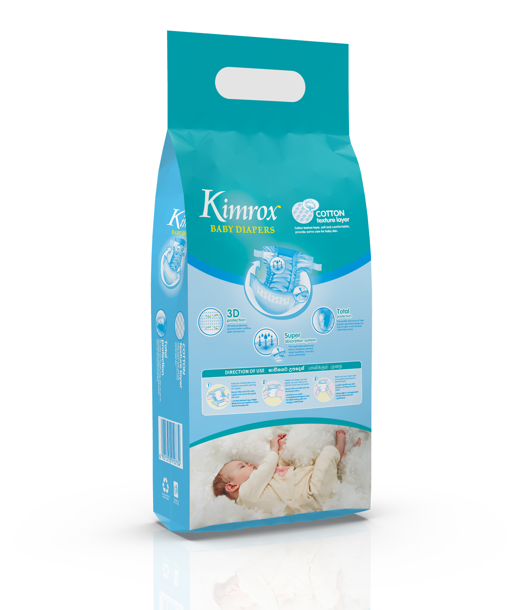 Kimrox baby diaper bulk pack, teal and blue, back panel with directions