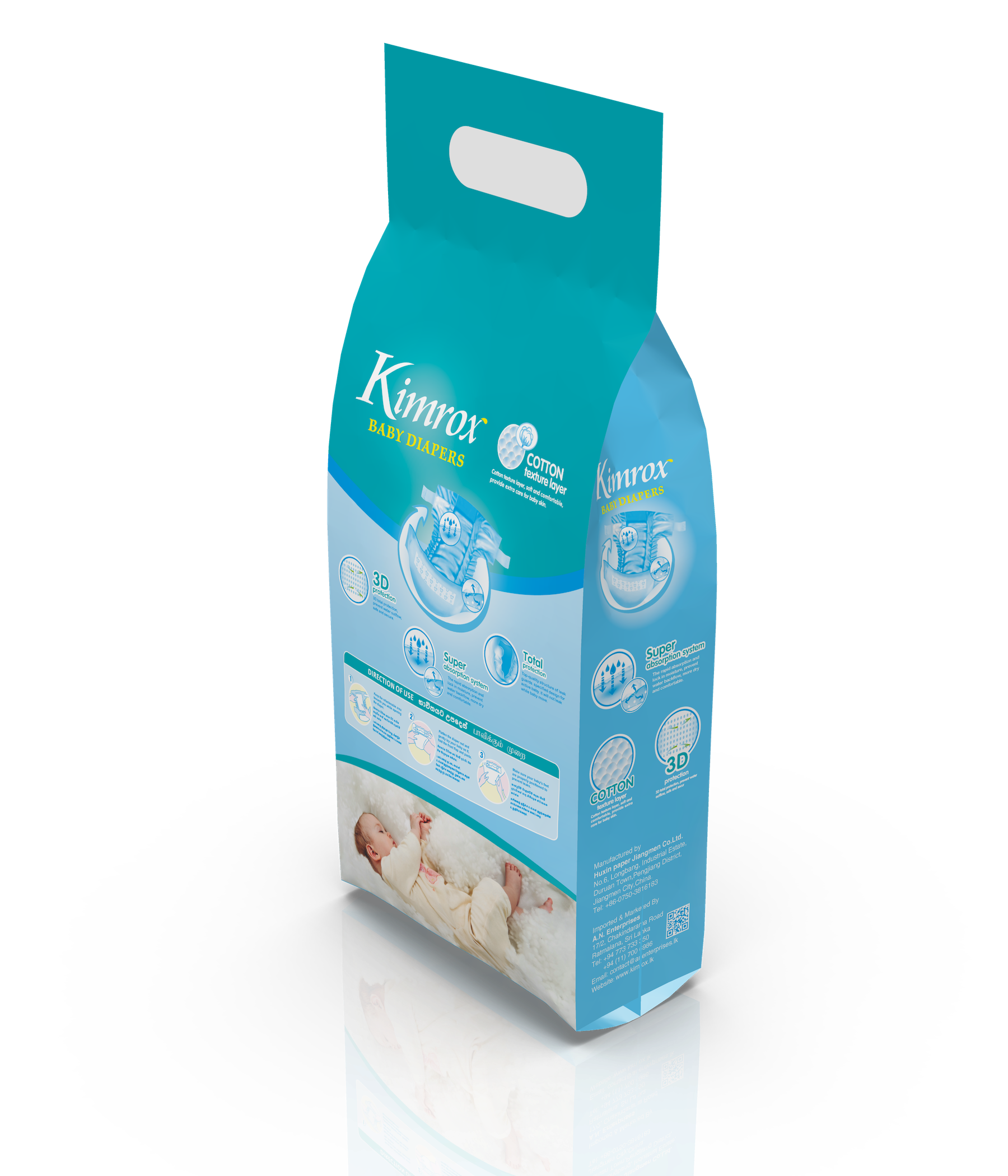 Kimrox baby diaper bulk pack, green and blue, three-quarter front view
