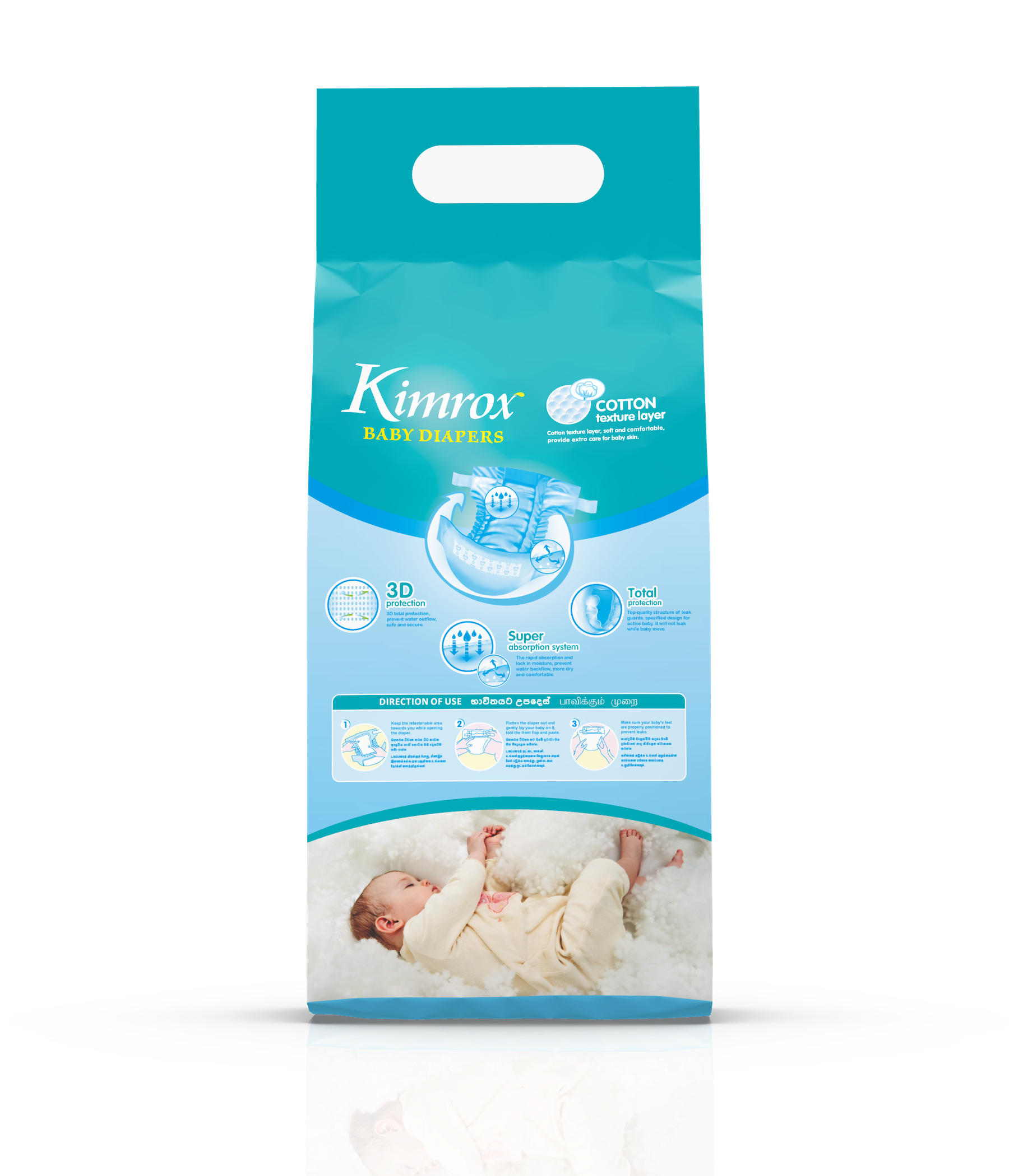 Kimrox baby diaper bulk pack, teal and blue, front panel with baby photo