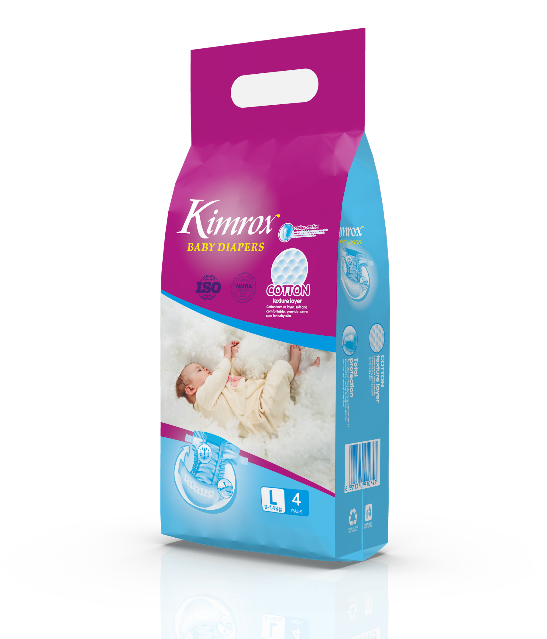 Kimrox baby diaper bulk pack, magenta and blue, side panel view with size L