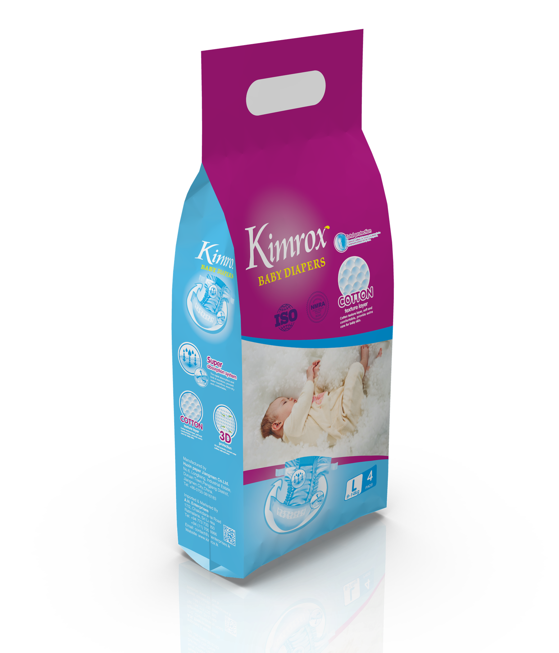 Kimrox baby diapers bulk pack, pink top and blue side panels with window handle