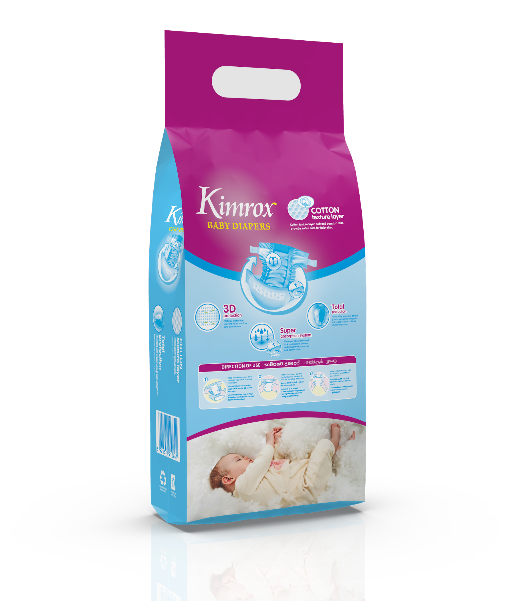 Kimrox baby diapers bulk pack front view, pink and blue with handle cutout