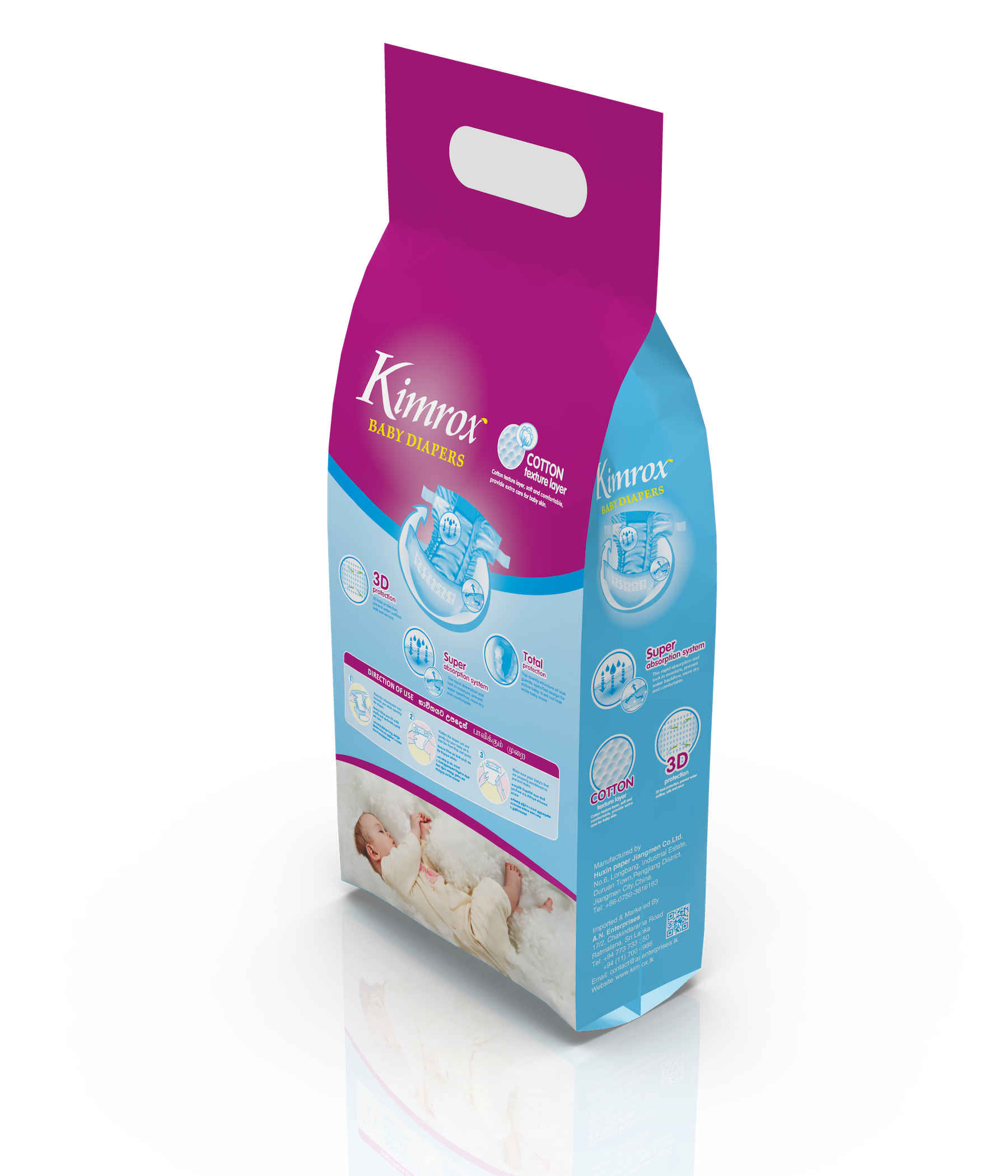 Kimrox baby diapers bulk pack angled view, pink top with blue side and panel text