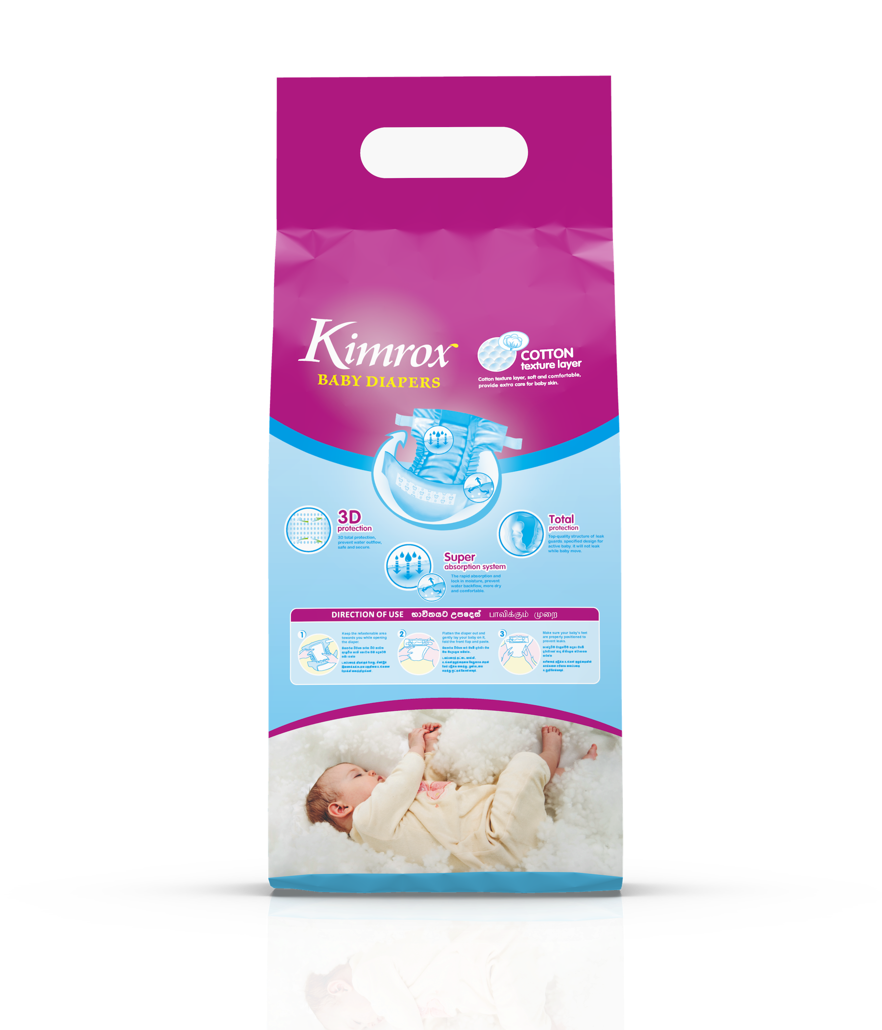 Kimrox baby diapers bulk pack front panel, pink top and blue lower section