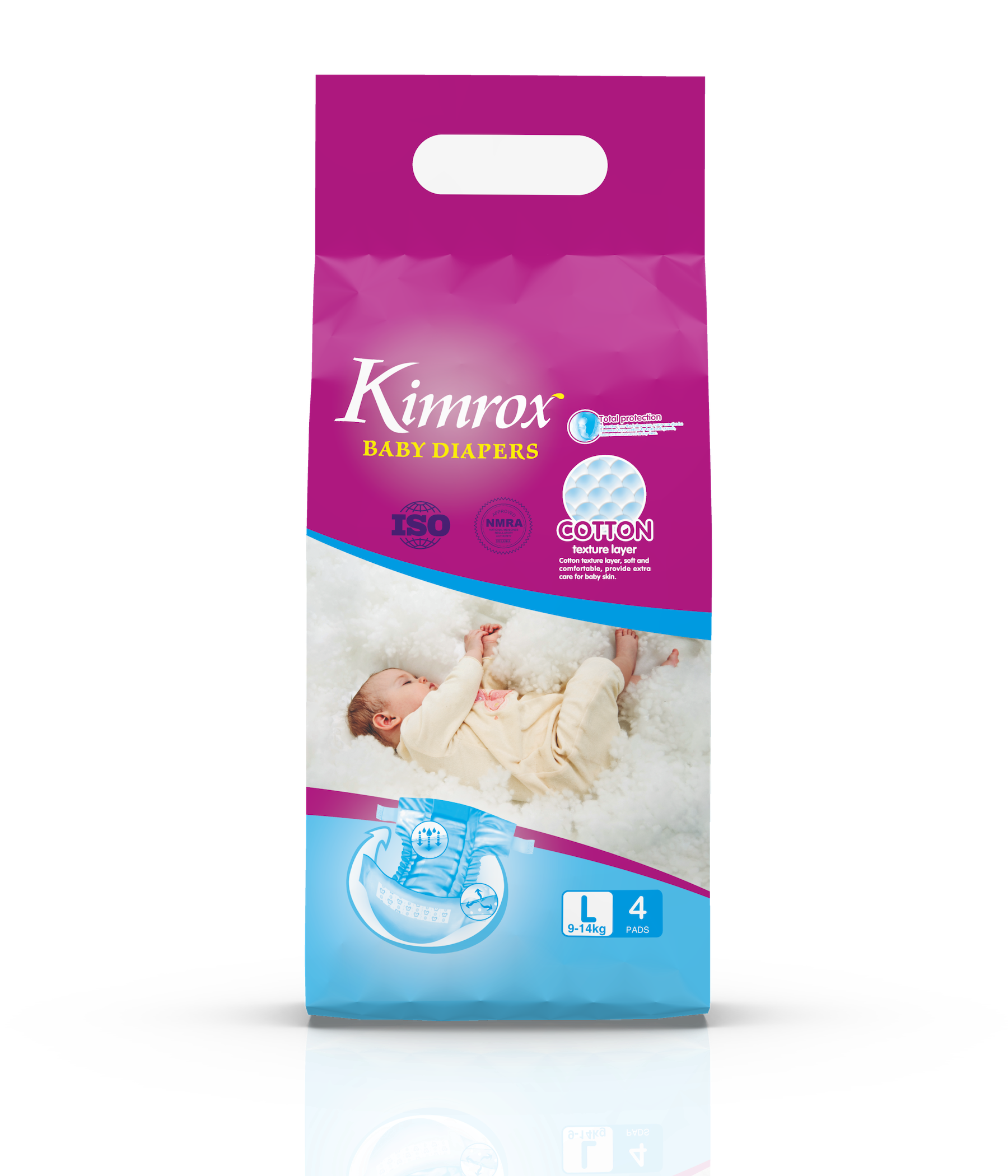 Kimrox baby diaper bulk pack, magenta and blue, front panel with size L