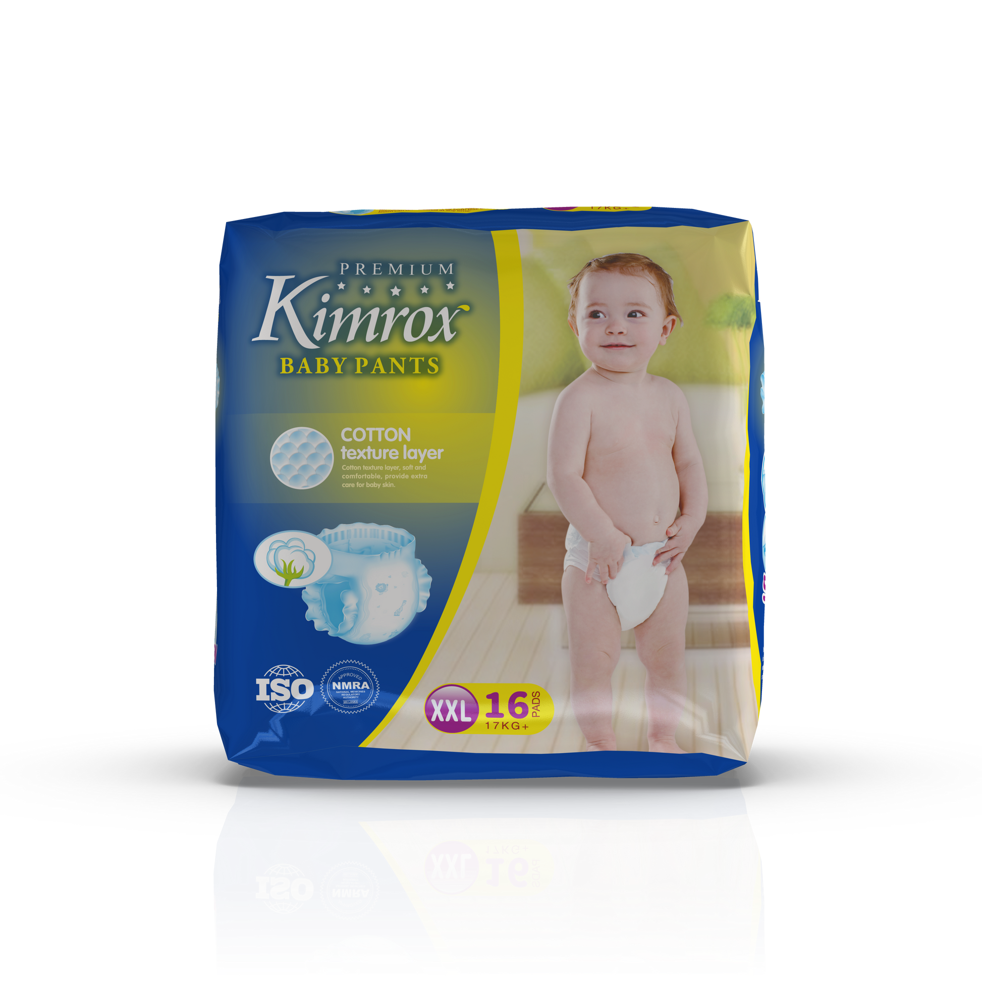 Kimrox Premium baby pants pack, blue XXL, cotton texture layer, 16 count.