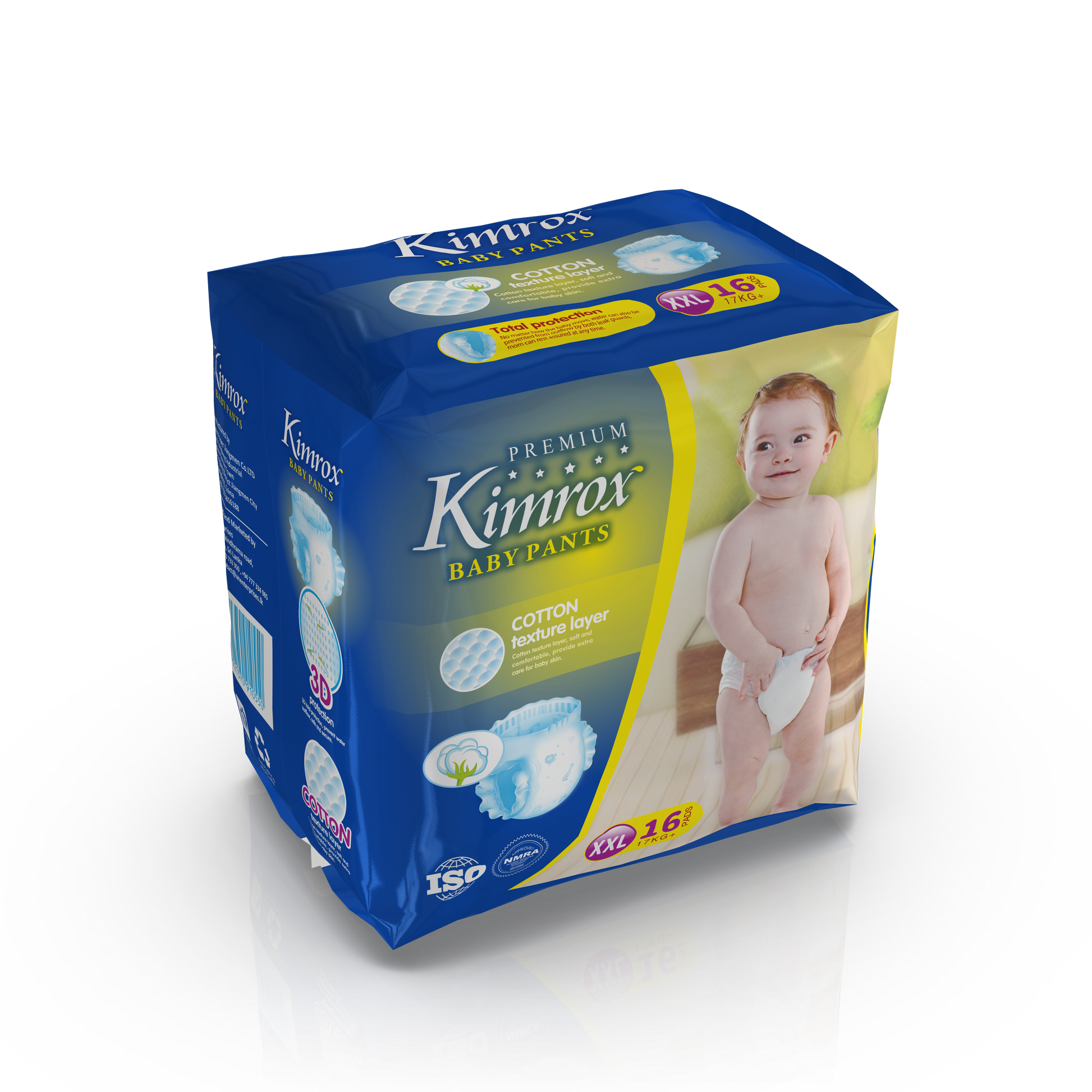 Kimrox Premium baby pants pack, blue XXL size, with child photo on box.