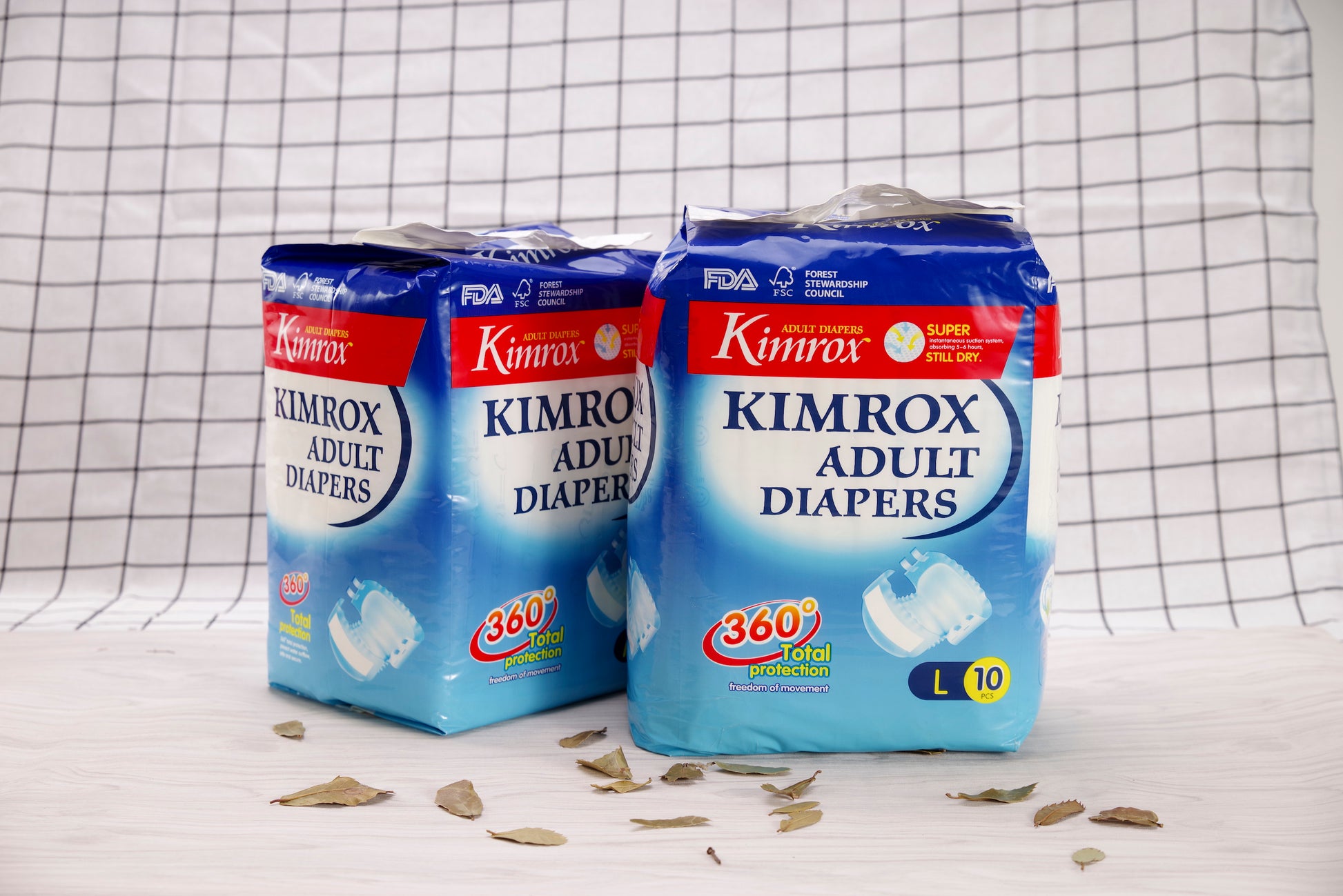 Kimrox adult diaper packs, size L 10, blue packaging with absorbent inserts